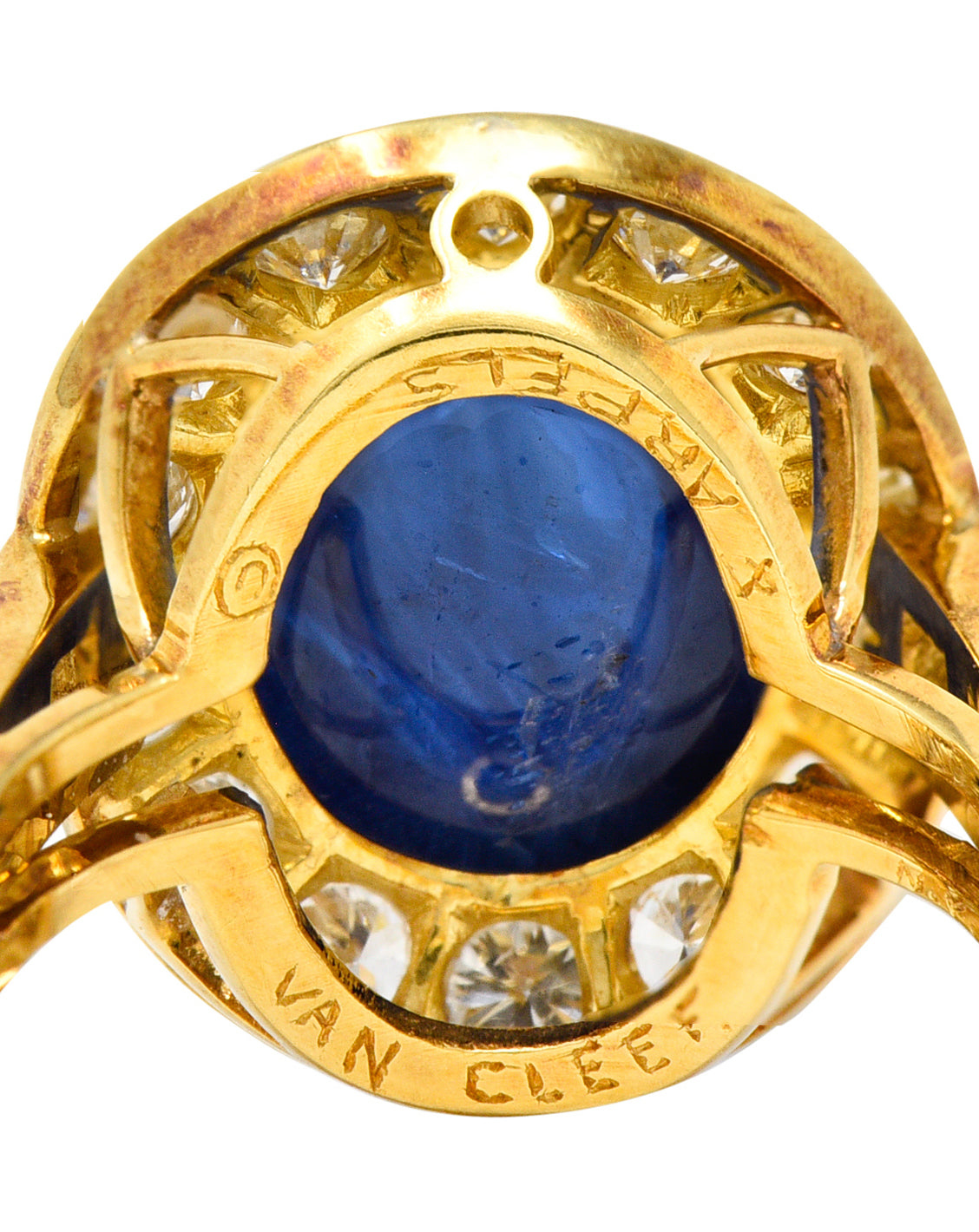 Van Cleef & Arpels 1980's 3.86 CTW Sapphire Cabochon Diamond 18 Karat Yellow Gold Vintage Halo Ring Wilson's Estate Jewelry