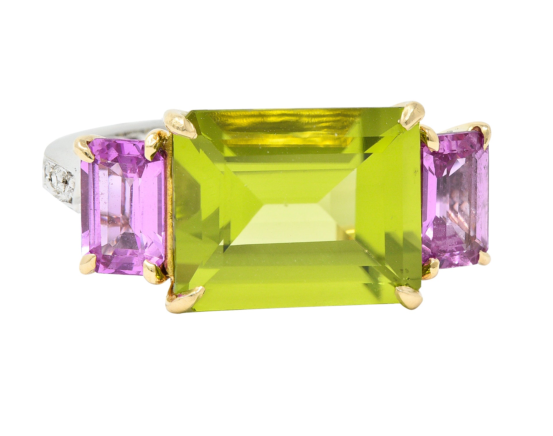 Paolo Costaglio Contemporary 10.45 CTW Diamond Peridot Pink Sapphire 18 Karat Two-Tone Gold Three Stone Florentine Ring Wilson's Estate Jewelry