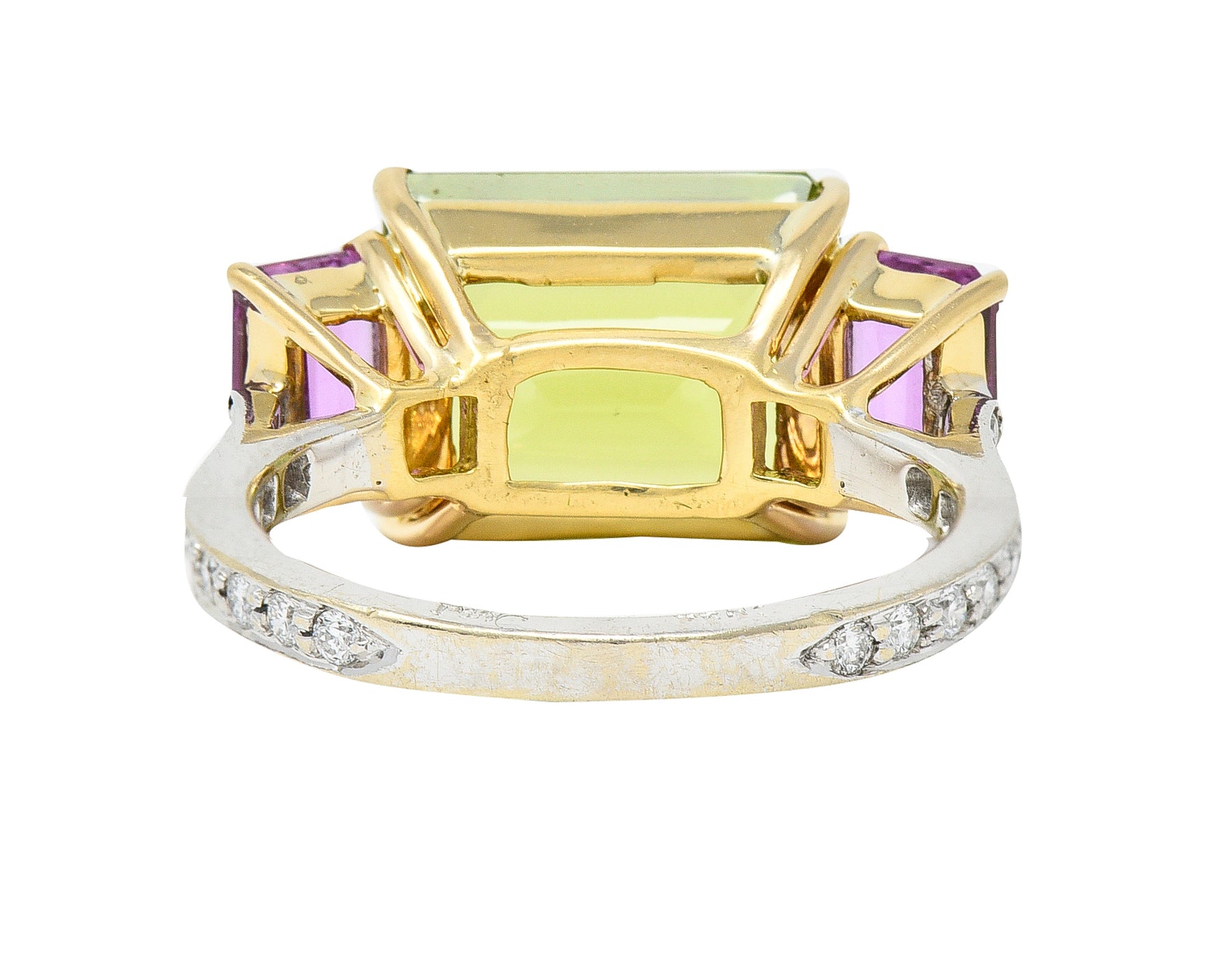 Paolo Costaglio Contemporary 10.45 CTW Diamond Peridot Pink Sapphire 18 Karat Two-Tone Gold Three Stone Florentine Ring Wilson's Estate Jewelry