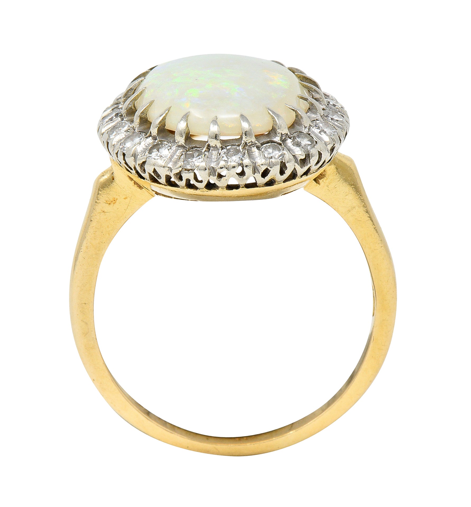 Edwardian Diamond Opal Cabochon Platinum-Topped 14 Karat Yellow Gold Antique Halo Ring Wilson's Estate Jewelry