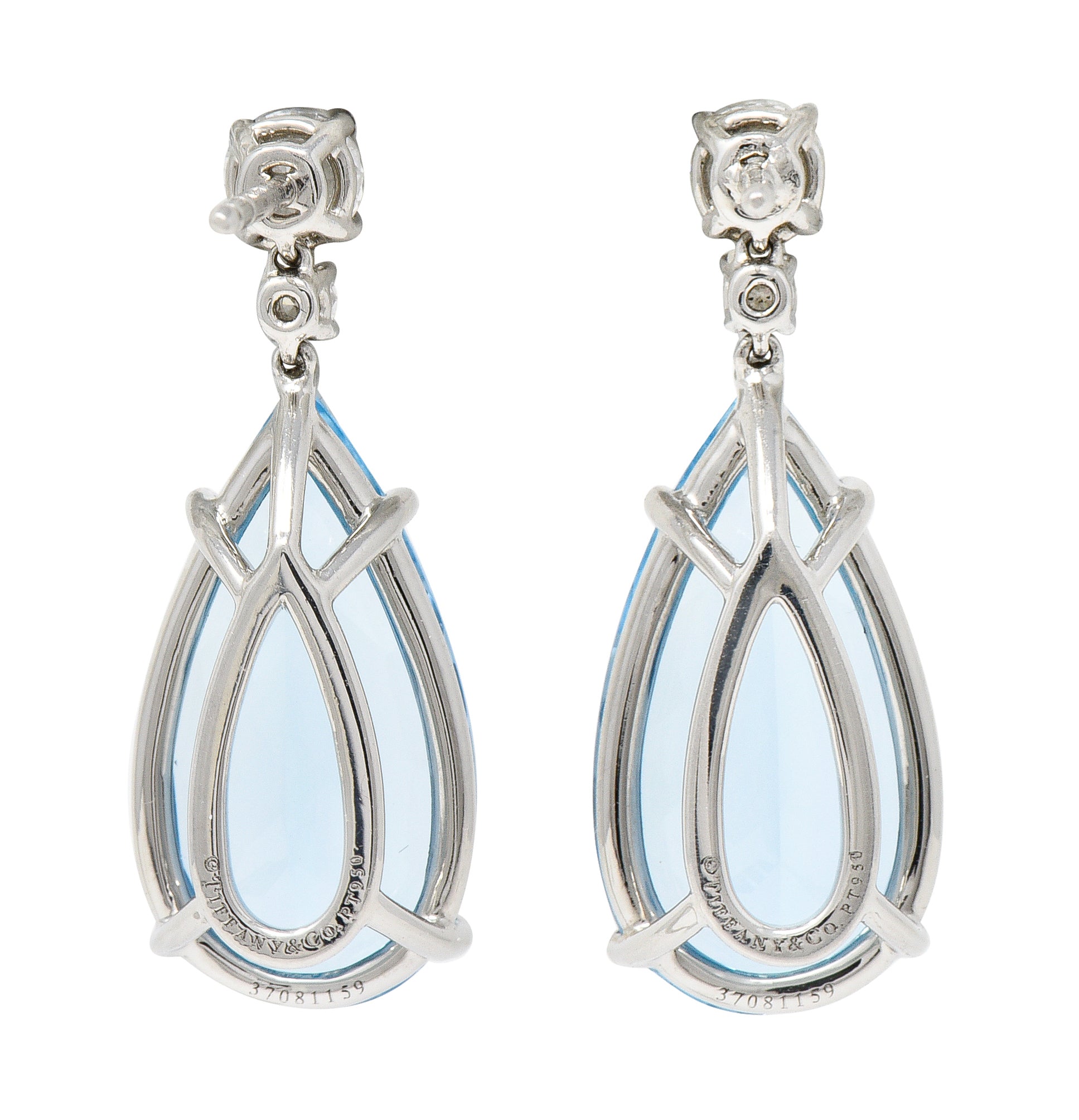 Tiffany & Co 17.14 CTW Pear Cut Aquamarine Diamond Platinum Drop Earrings Wilson's Estate Jewelry