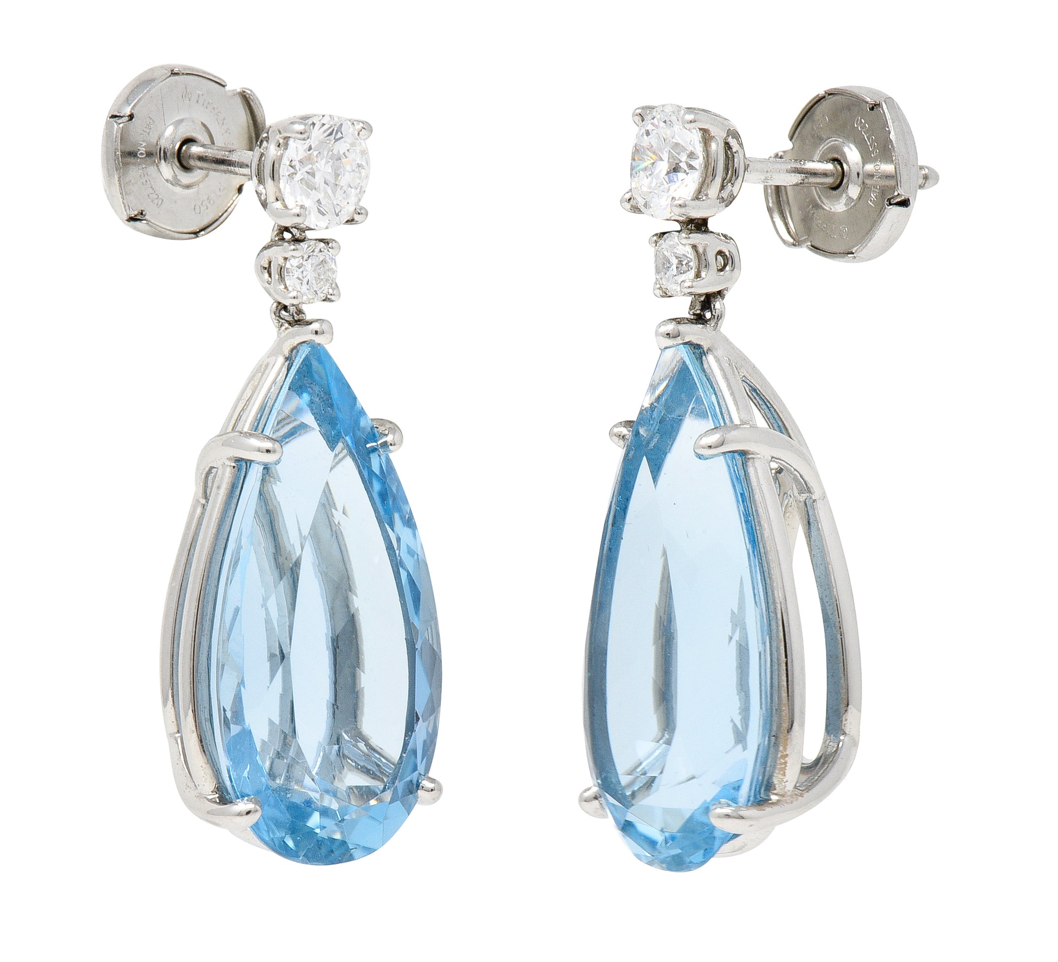 Tiffany & Co 17.14 CTW Pear Cut Aquamarine Diamond Platinum Drop Earrings Wilson's Estate Jewelry