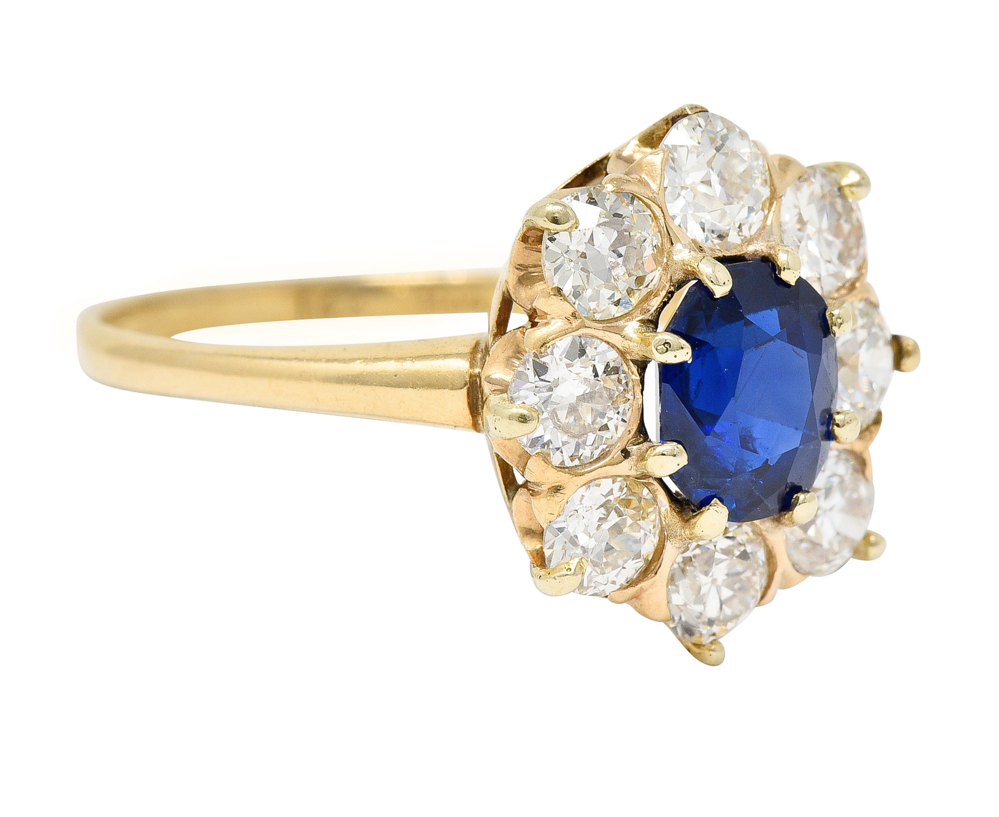 Victorian 2.64 CTW Oval Cut No Heat Sapphire Old European Cut Diamond 14 Karat Yellow Gold Antique Cluster Ring GIA Wilson's Estate Jewelry