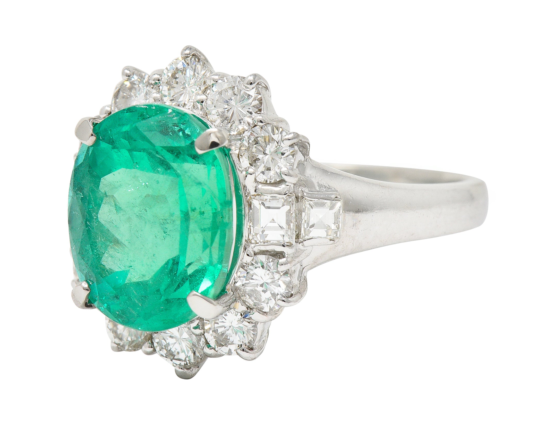 Contemporary 6.77 CTW Columbian Emerald Diamond Platinum Halo Ring GIA Wilson's Estate Jewelry