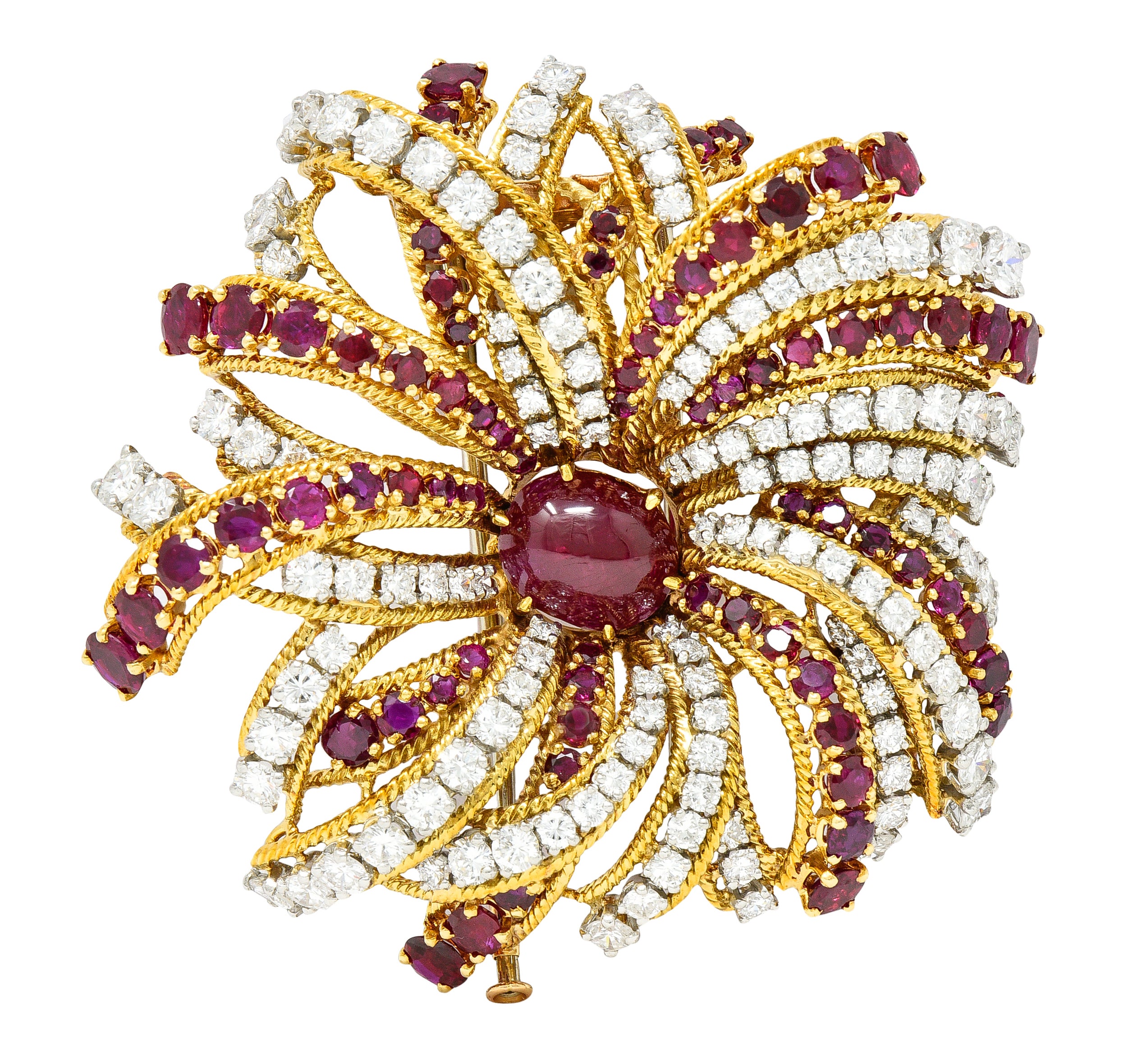 Tiffany & Co. Substantial French 1960's 21.58 CTW Ruby Cabochon Diamond Platinum 18 Karat Yellow Gold Vintage Spray Burst Brooch Wilson's Estate Jewelry