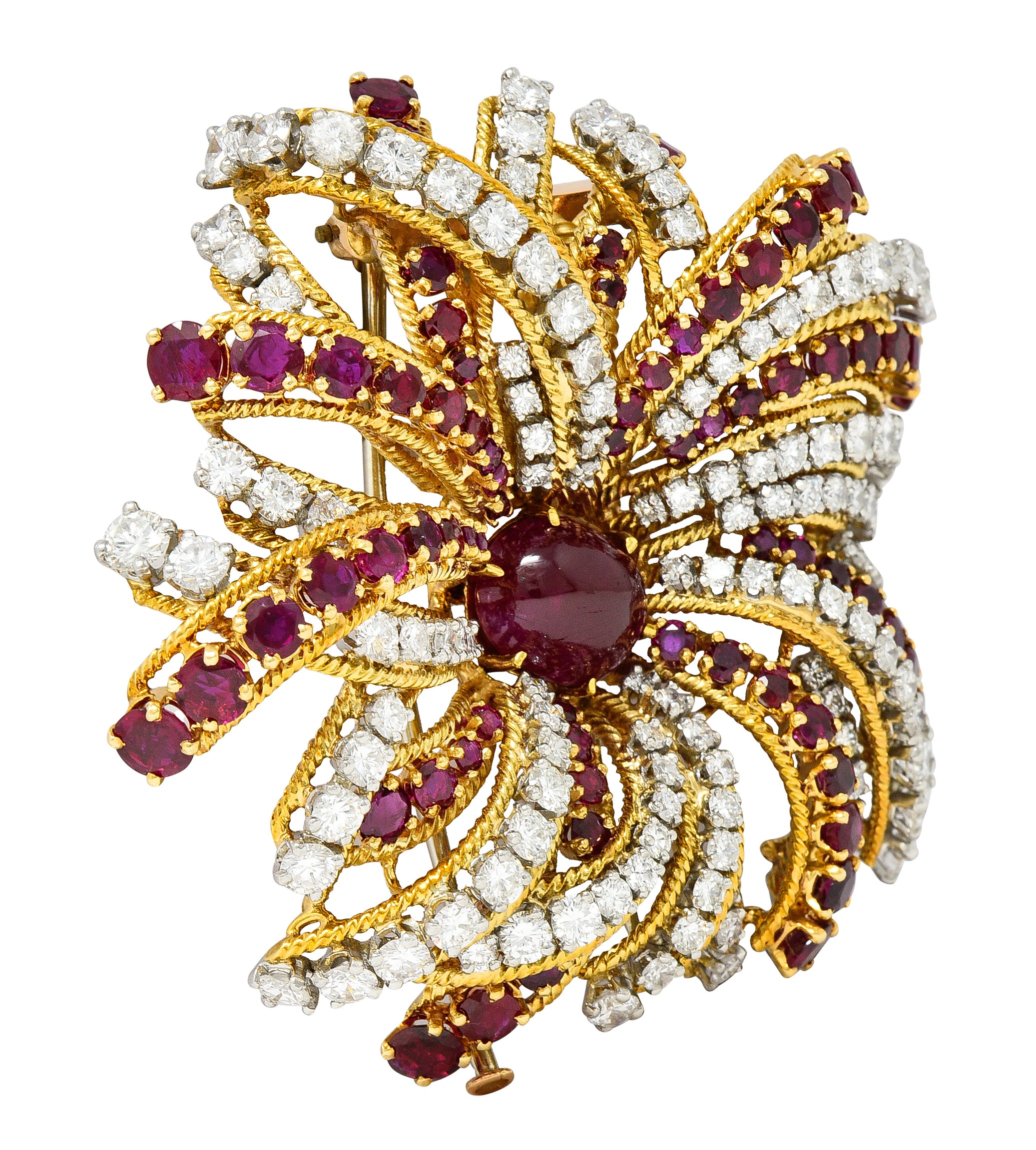 Tiffany & Co. Substantial French 1960's 21.58 CTW Ruby Cabochon Diamond Platinum 18 Karat Yellow Gold Vintage Spray Burst Brooch Wilson's Estate Jewelry