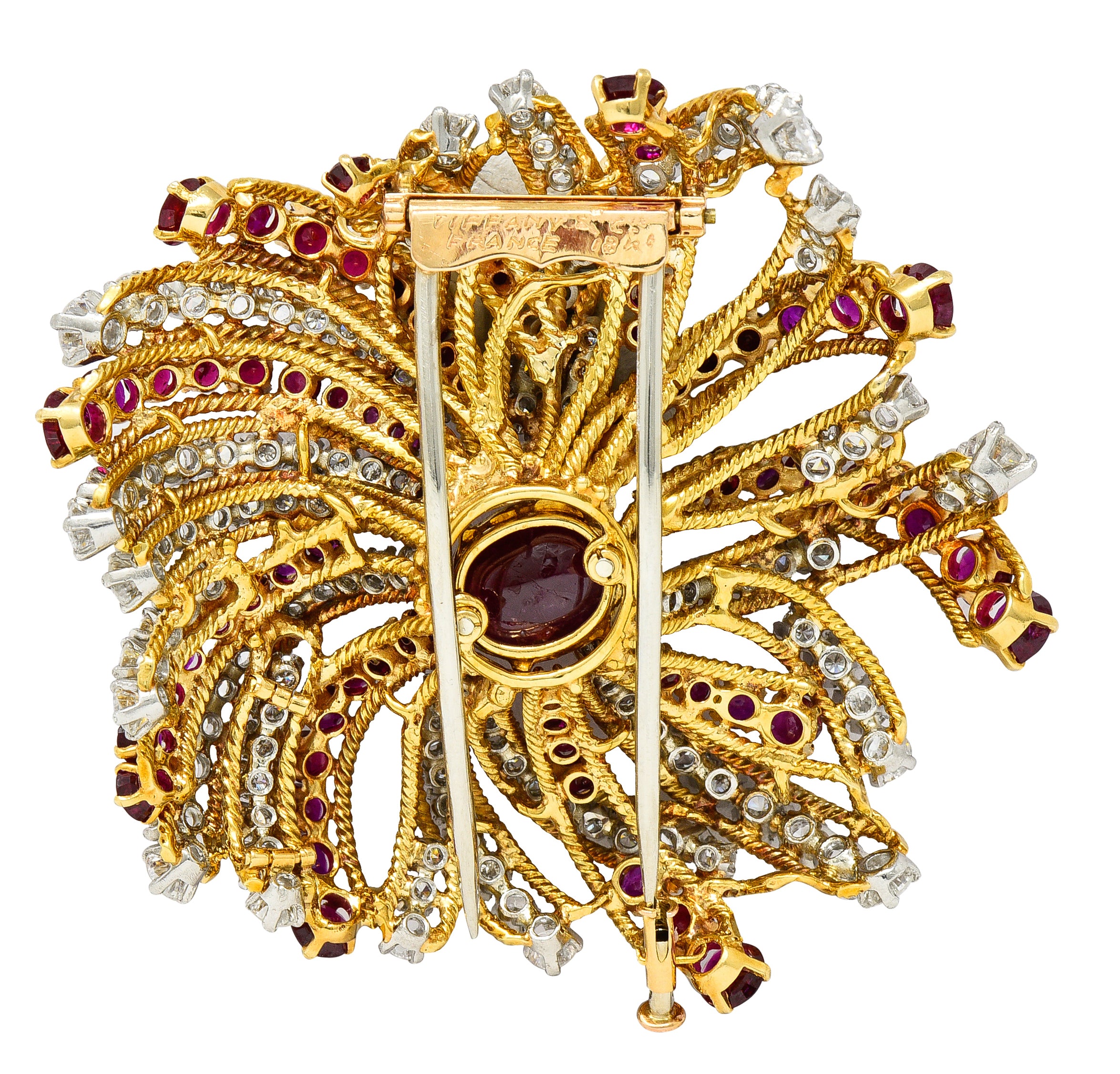 Tiffany & Co. Substantial French 1960's 21.58 CTW Ruby Cabochon Diamond Platinum 18 Karat Yellow Gold Vintage Spray Burst Brooch Wilson's Estate Jewelry