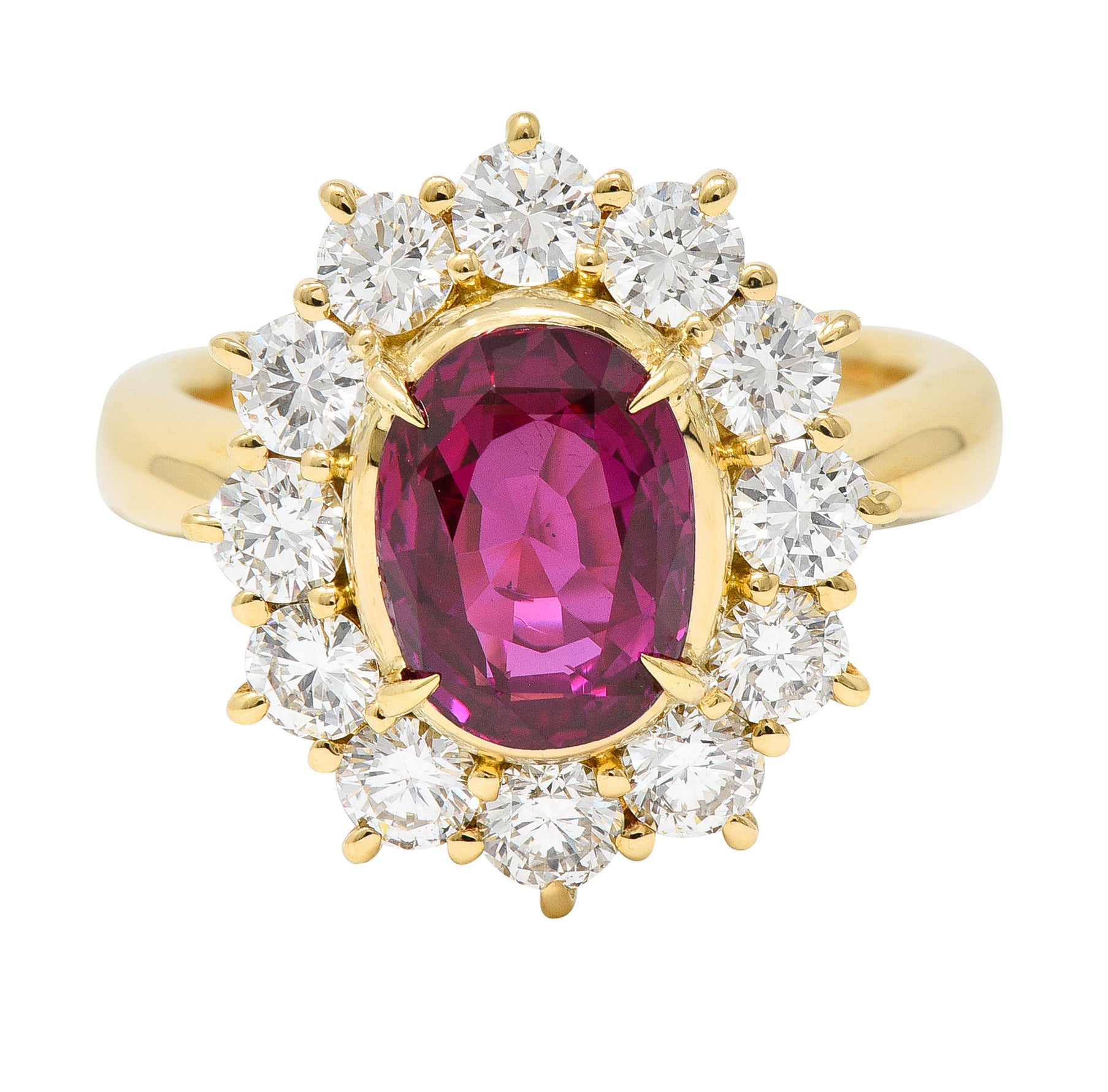 Contemporary 4.28 CTW Oval Step Cut Ruby Diamond 18 Karat Yellow Gold Halo Ring GIA Wilson's Estate Jewelry