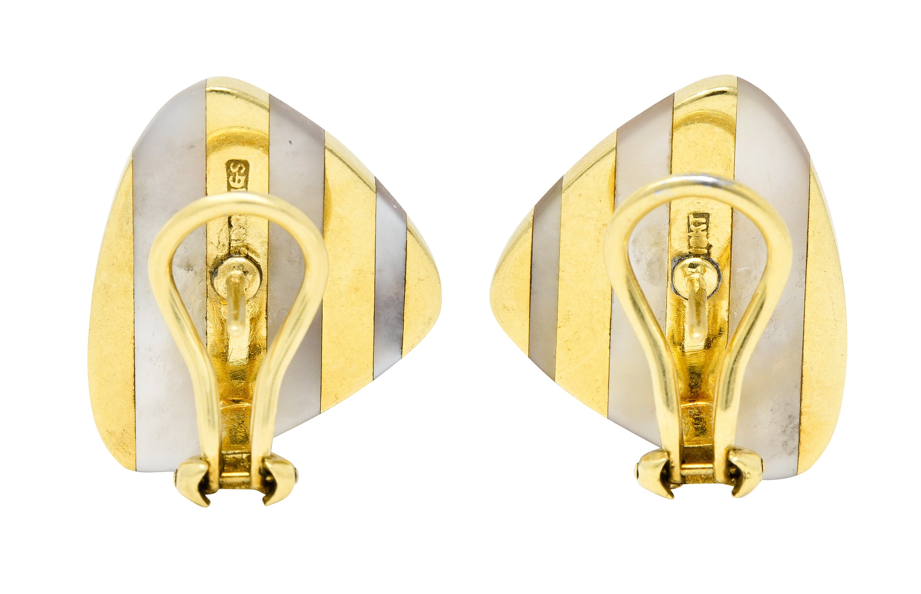 Angela Cummings 1970's Mother-Of-Pearl 18 Karat Yellow Gold Inlay Stripe Triangle Vintage Earrings Wilson's Estate Jewelry