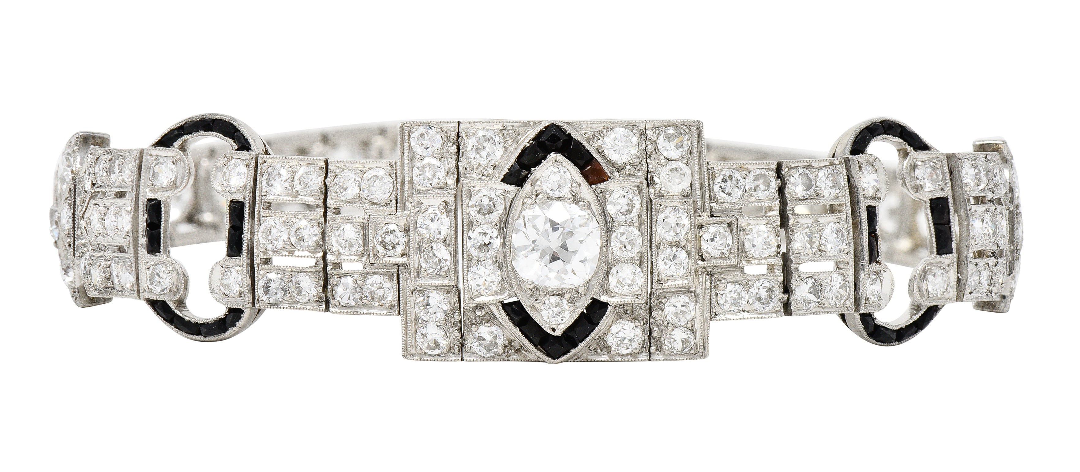 Art Deco 7.86 CTW Old European & Mine Cut Diamond Onyx Platinum Buckle Line Bracelet Wilson's Estate Jewelry