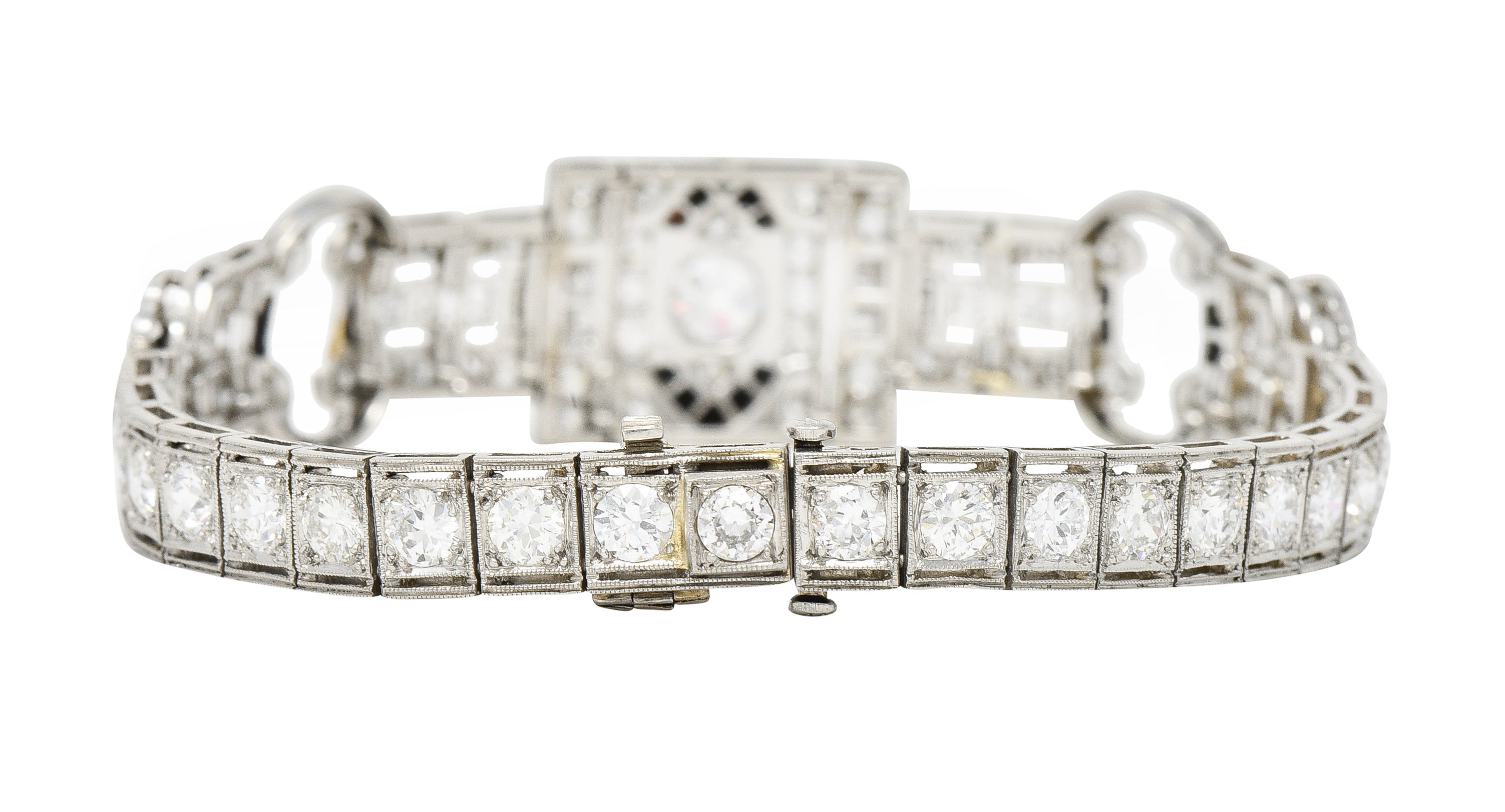 Art Deco 7.86 CTW Old European & Mine Cut Diamond Onyx Platinum Buckle Line Bracelet Wilson's Estate Jewelry