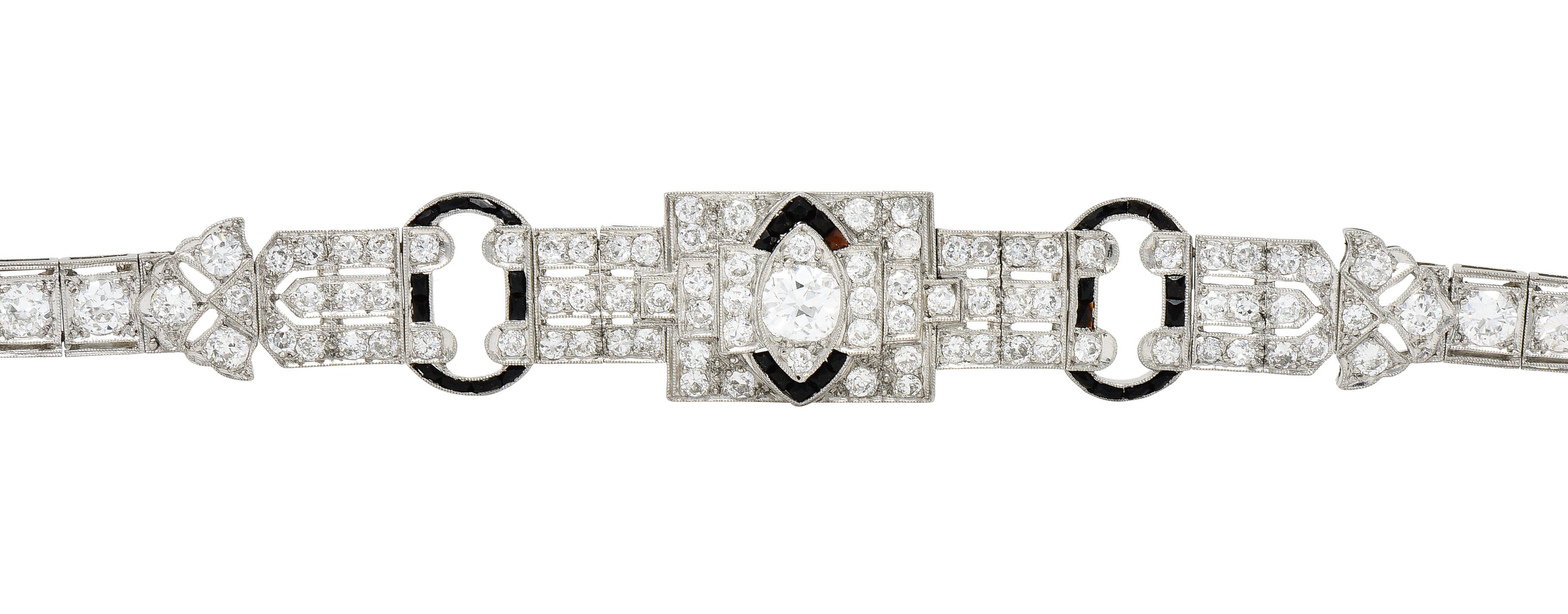 Art Deco 7.86 CTW Old European & Mine Cut Diamond Onyx Platinum Buckle Line Bracelet Wilson's Estate Jewelry