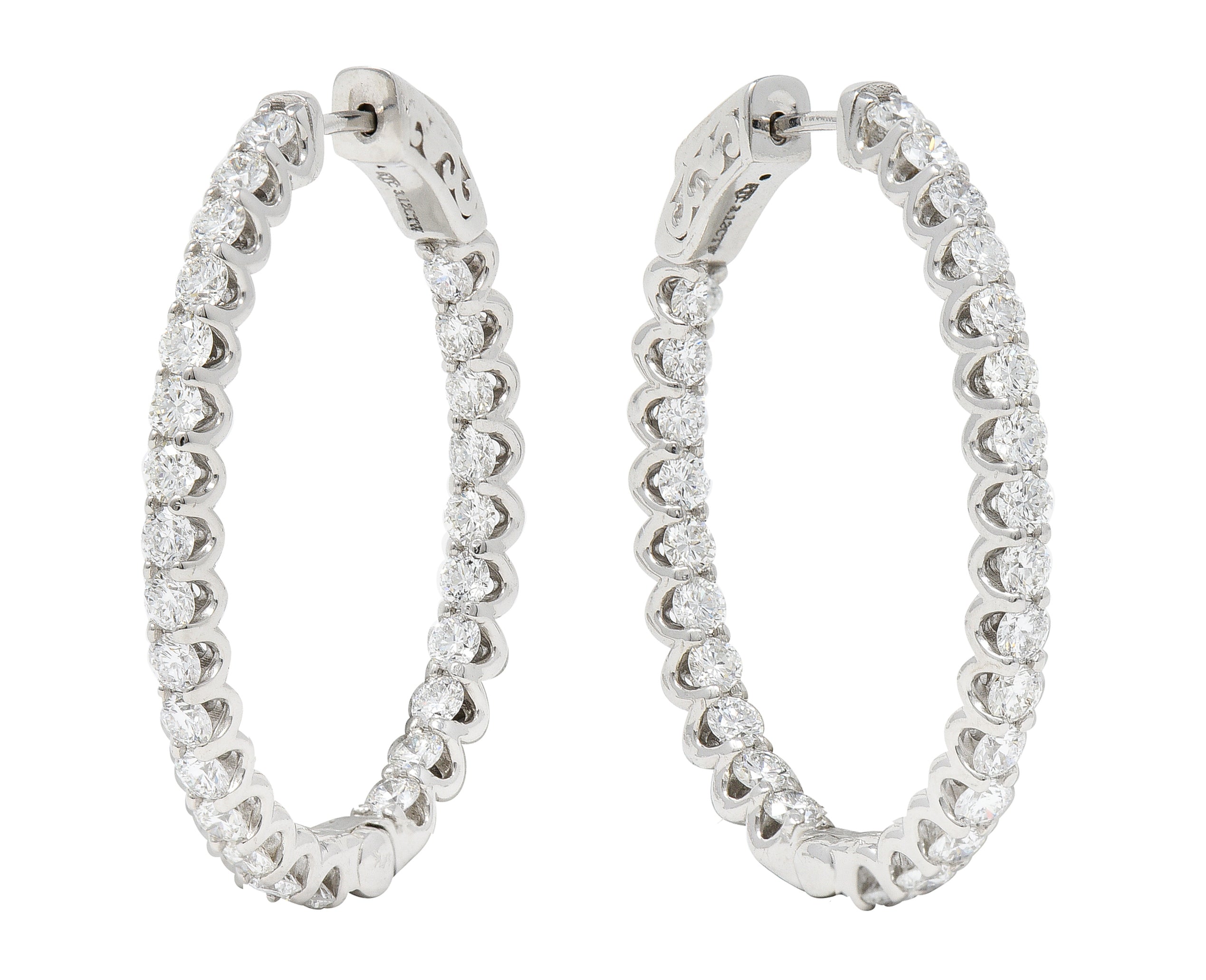 Contemporary 3.12 CTW Diamond 14 Karat White Gold Oval Inside Outside Hoop Earrings Wilson's Estate Jewelry