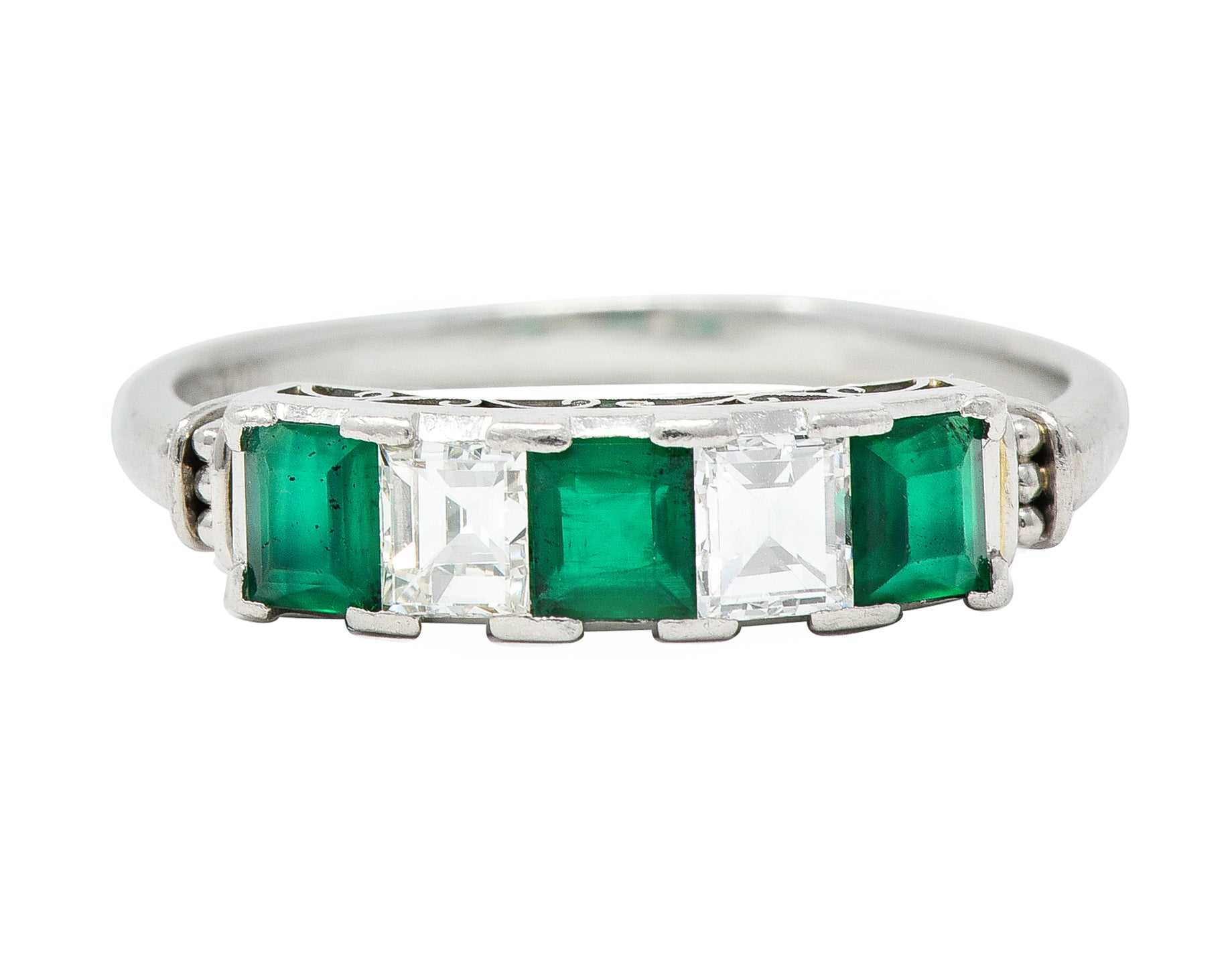 Contemporary 0.97 CTW Emerald Diamond Platinum Scrolling Band Ring Wilson's Estate Jewelry