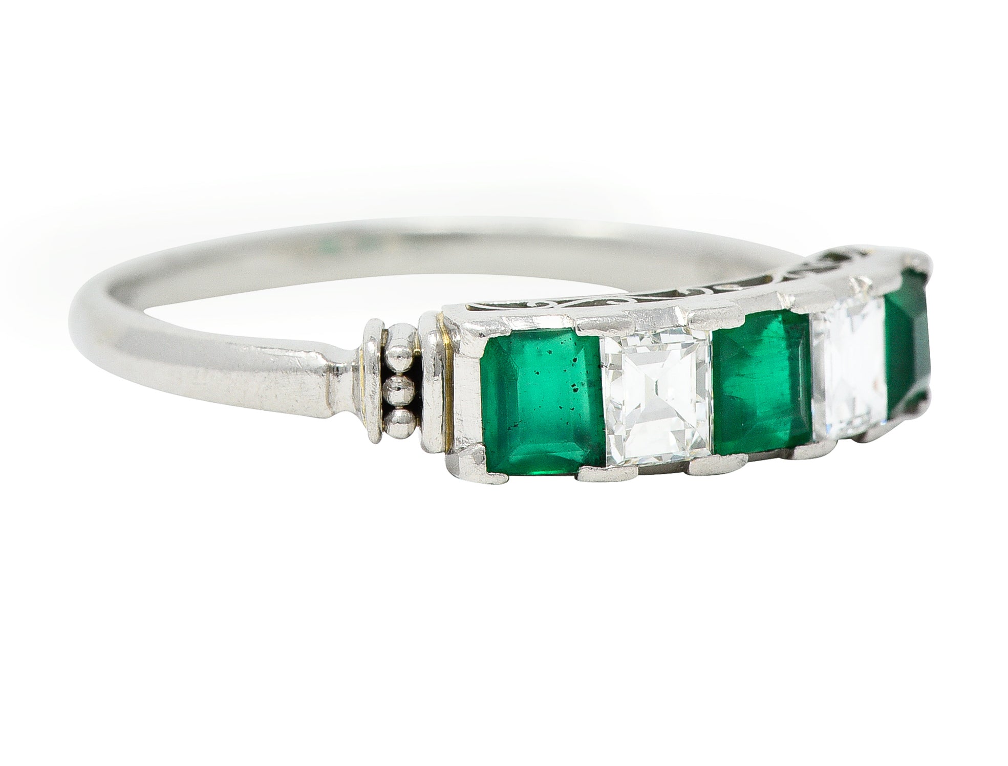 Contemporary 0.97 CTW Emerald Diamond Platinum Scrolling Band Ring Wilson's Estate Jewelry