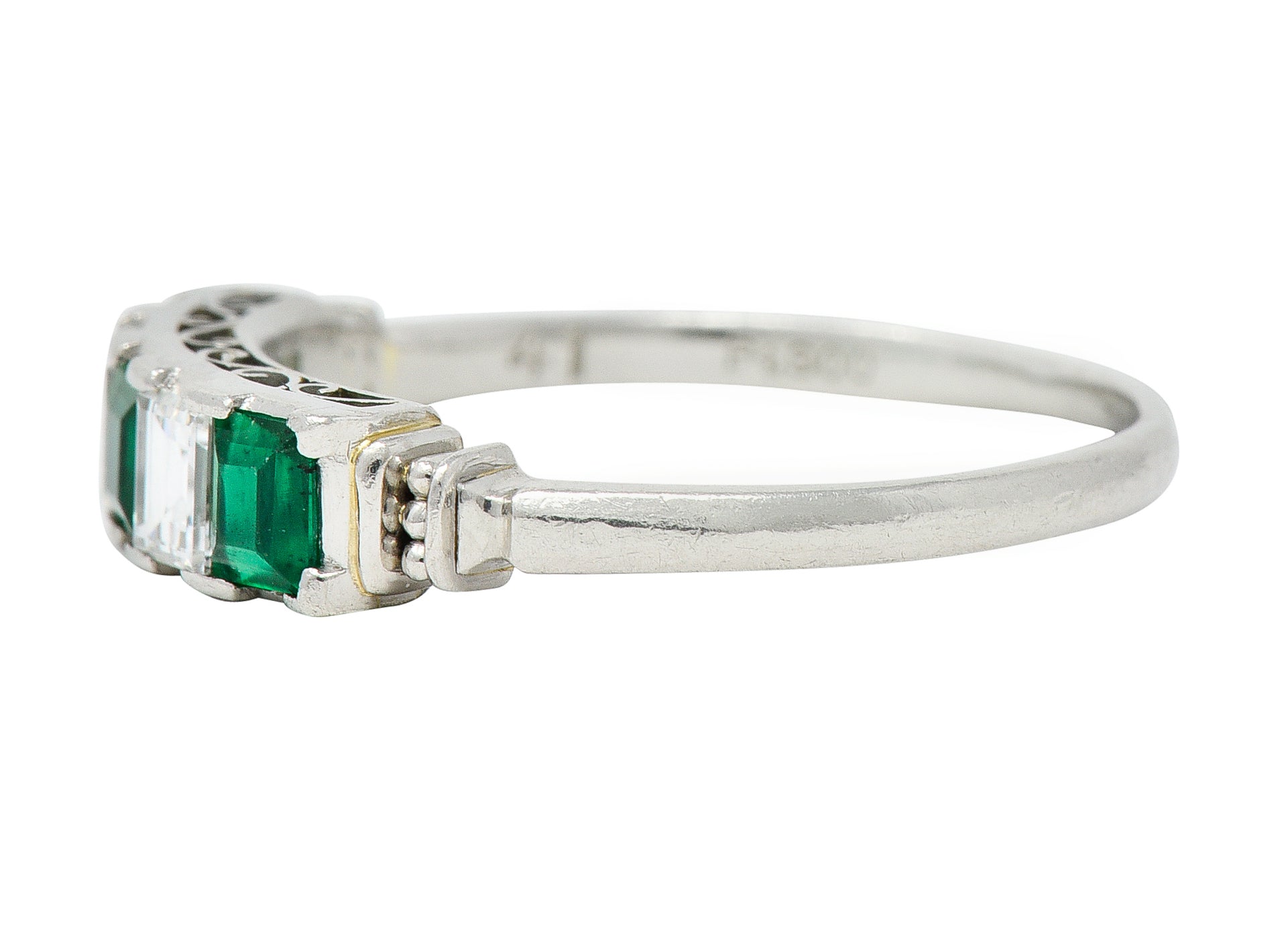 Contemporary 0.97 CTW Emerald Diamond Platinum Scrolling Band Ring Wilson's Estate Jewelry