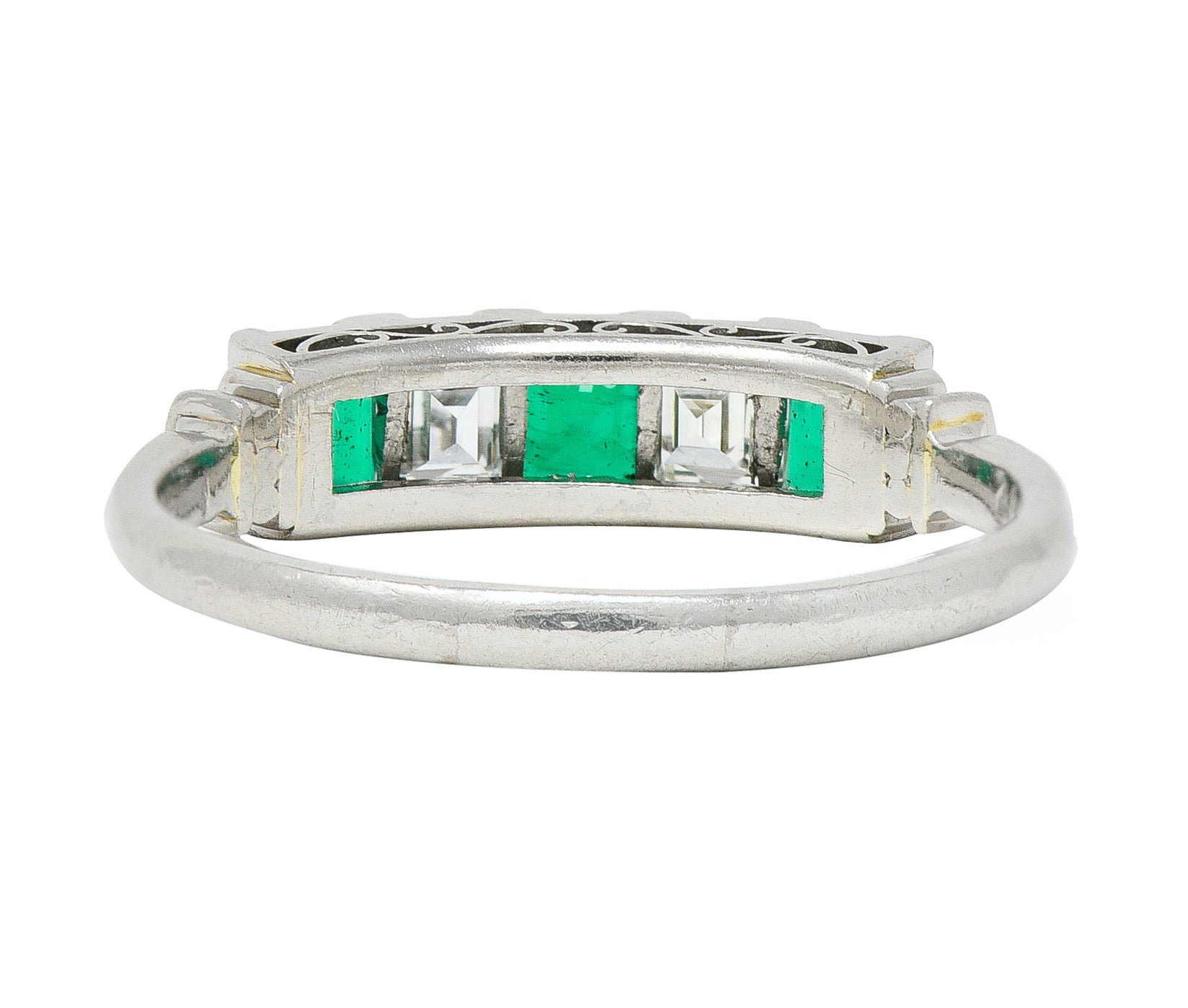 Contemporary 0.97 CTW Emerald Diamond Platinum Scrolling Band Ring Wilson's Estate Jewelry