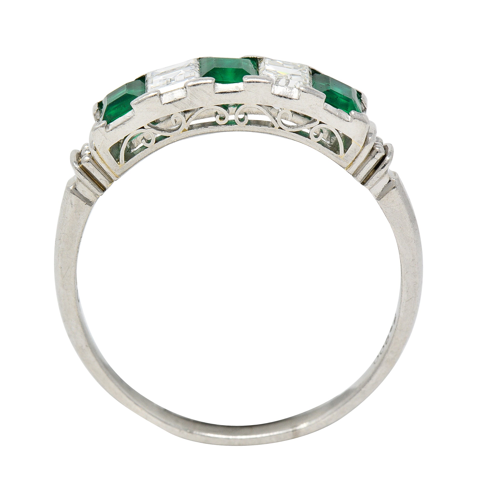 Contemporary 0.97 CTW Emerald Diamond Platinum Scrolling Band Ring Wilson's Estate Jewelry