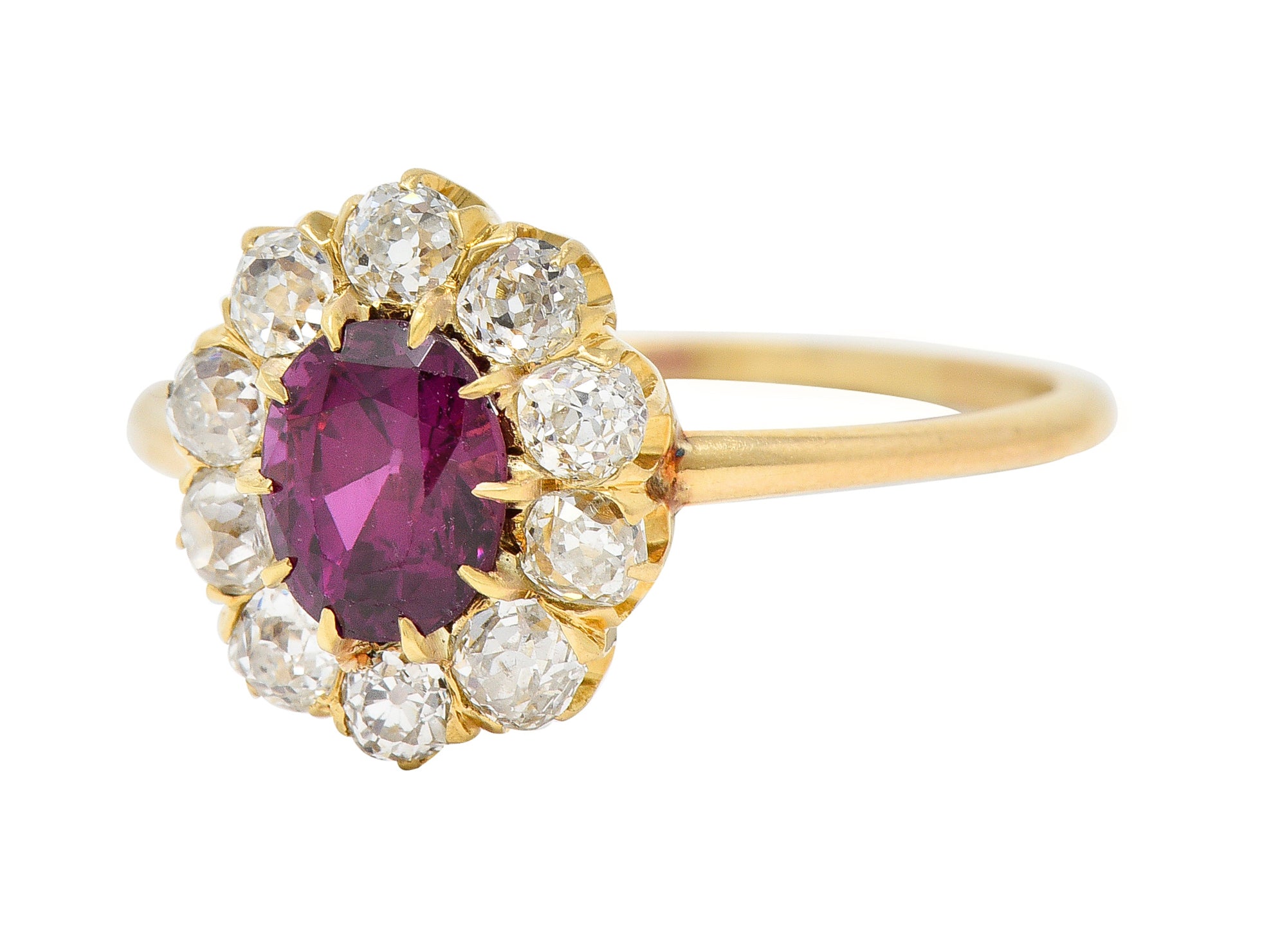 Victorian 1.82 CTW Oval Cut Ruby Old Mine Cut Diamond 14 Karat Yellow Gold Antique Cluster Ring Wilson's Estate Jewelry