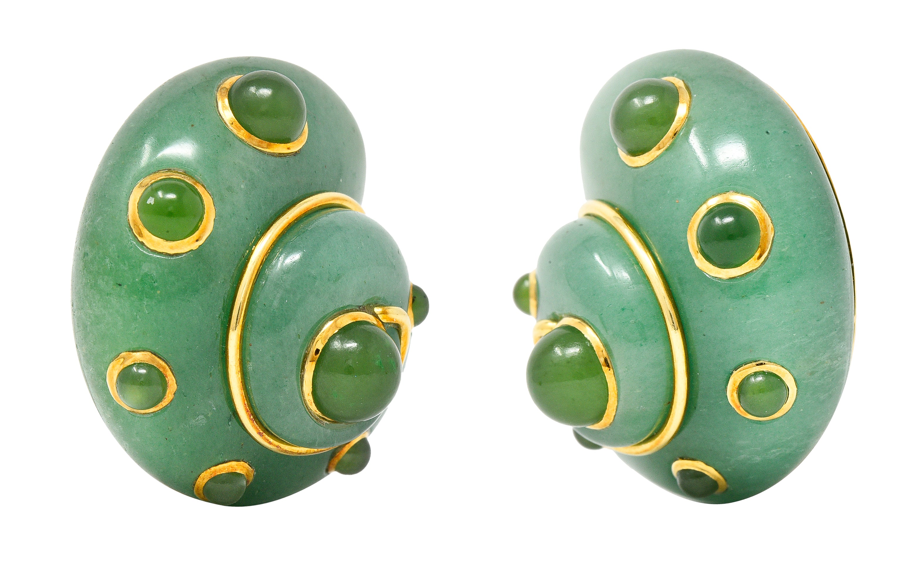 Verdura 1980's  Carved Aventurine Nephrite Jade Cabochon 18 Karat Yellow Gold Sea Shell Vintage Earrings Wilson's Estate Jewelry