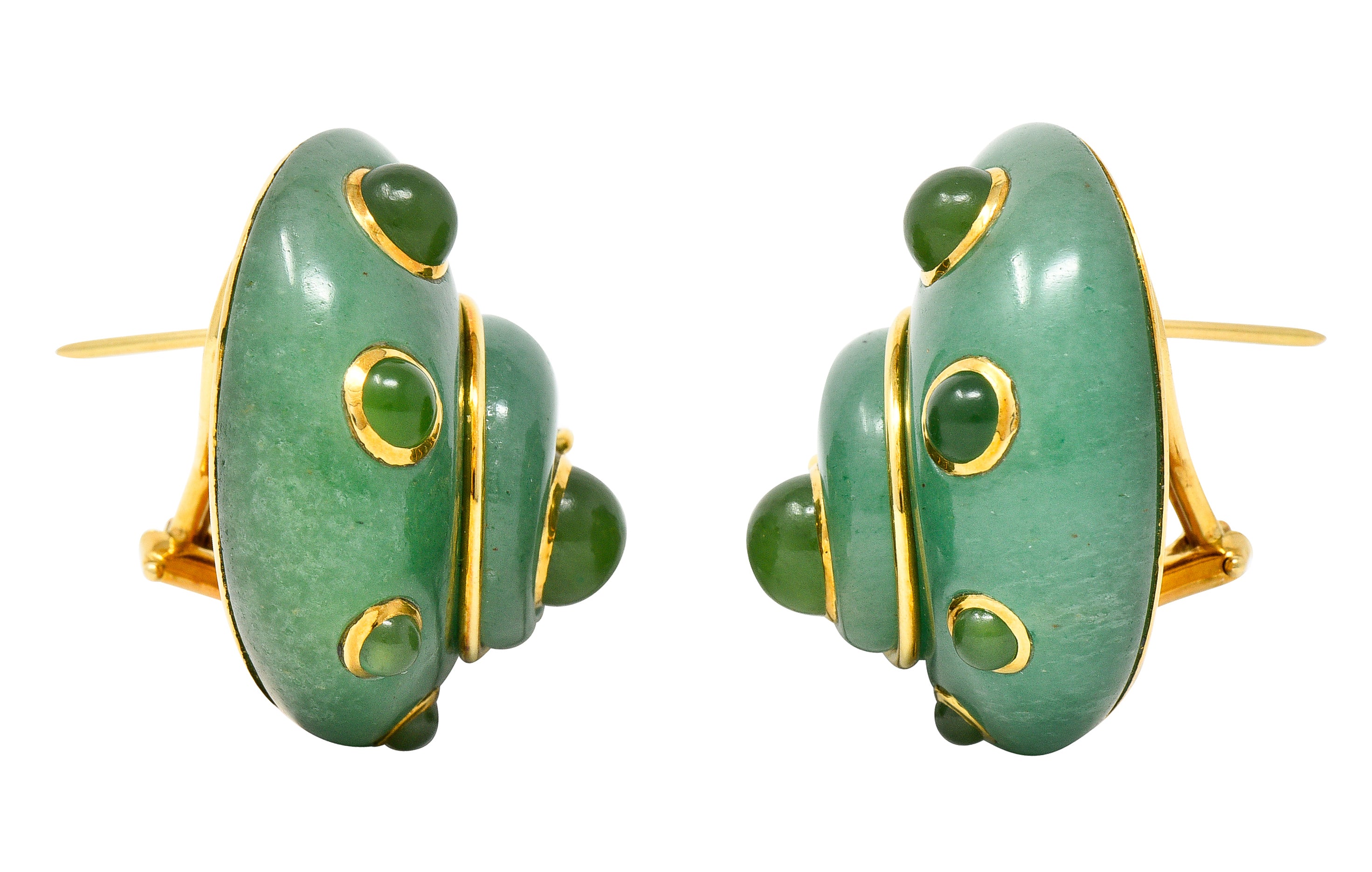 Verdura 1980's  Carved Aventurine Nephrite Jade Cabochon 18 Karat Yellow Gold Sea Shell Vintage Earrings Wilson's Estate Jewelry