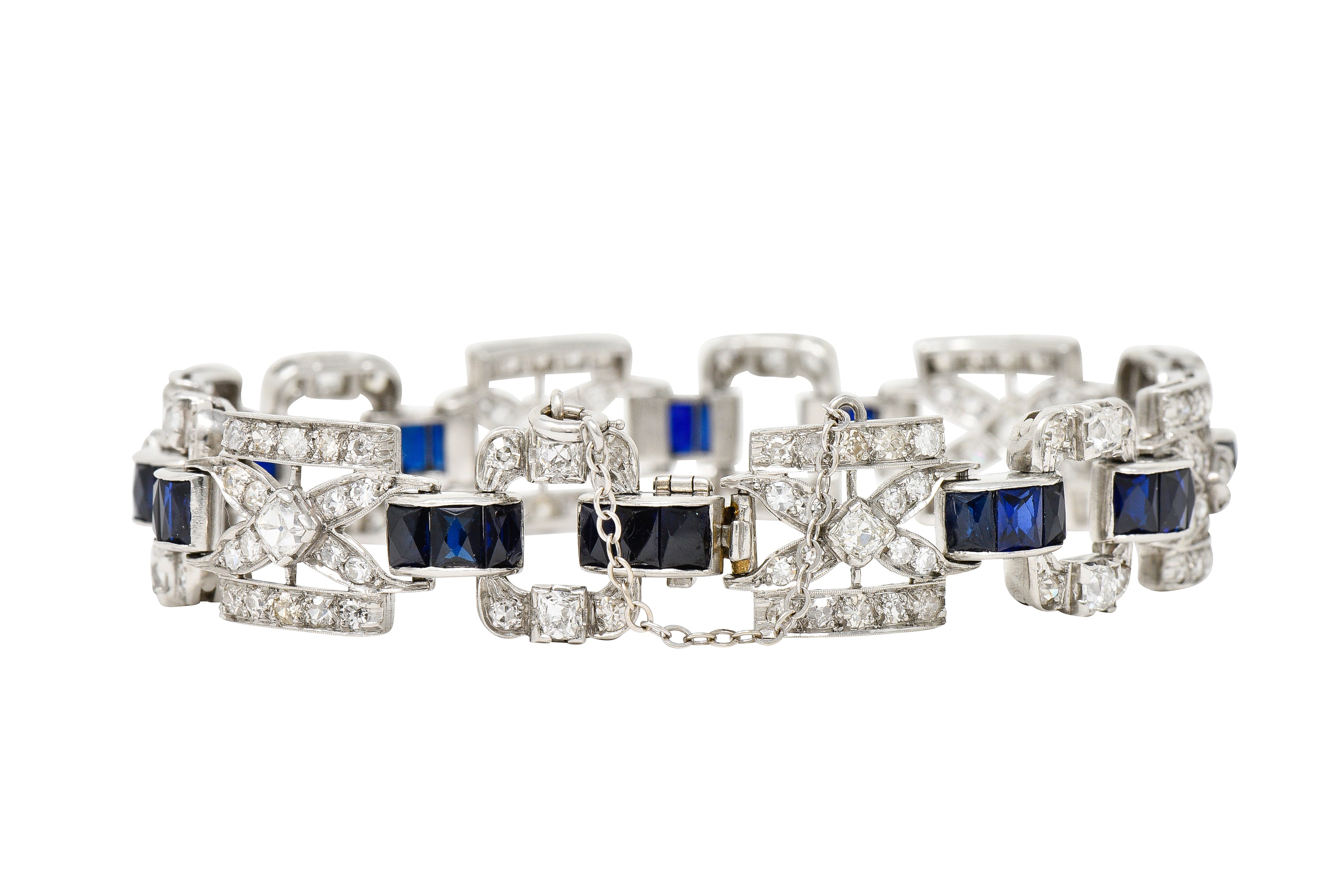 Art Deco 6.42 CTW Old Mine Cut Diamond Platinum X Buckle Line Bracelet Wilson's Estate Jewelry