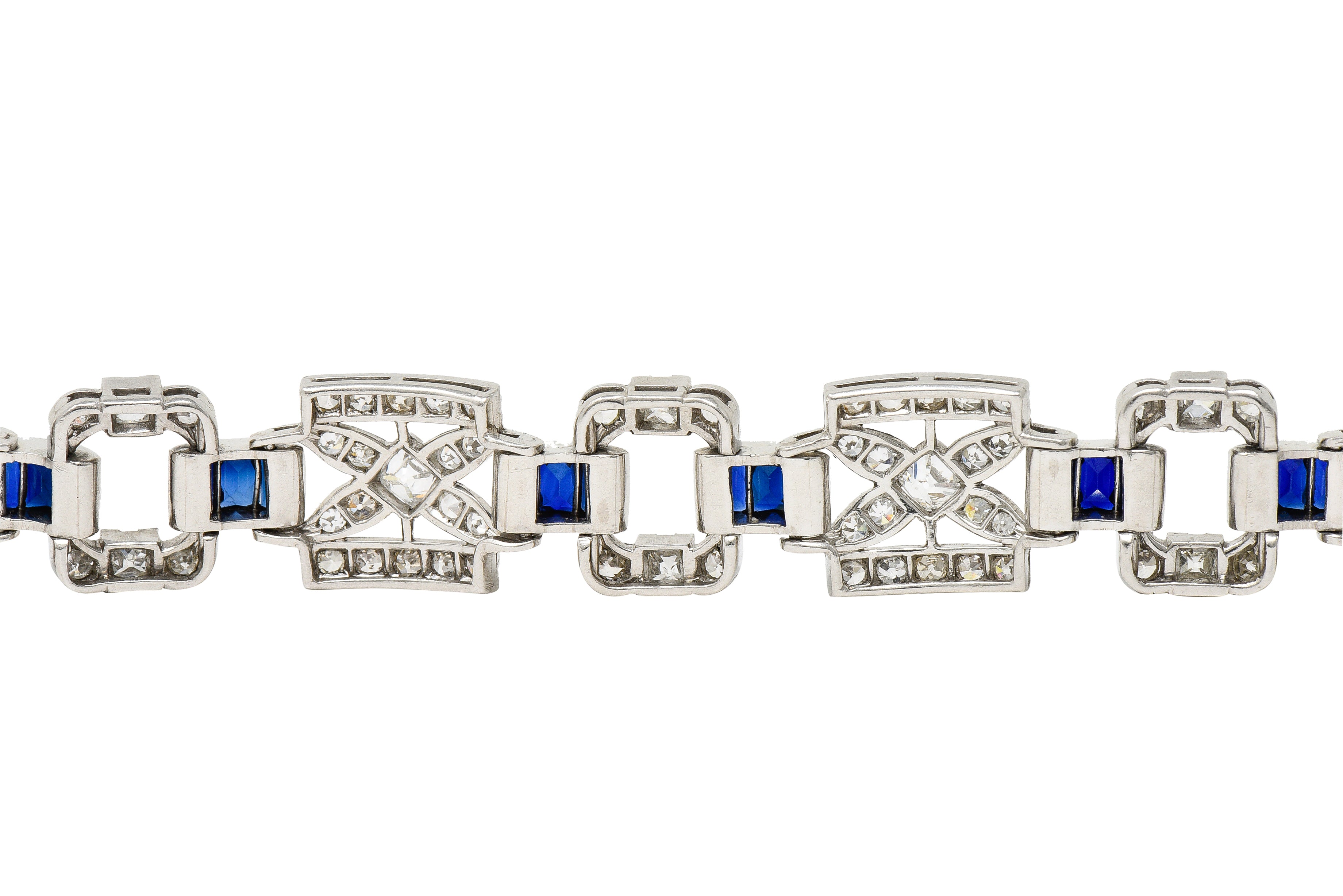 Art Deco 6.42 CTW Old Mine Cut Diamond Platinum X Buckle Line Bracelet Wilson's Estate Jewelry