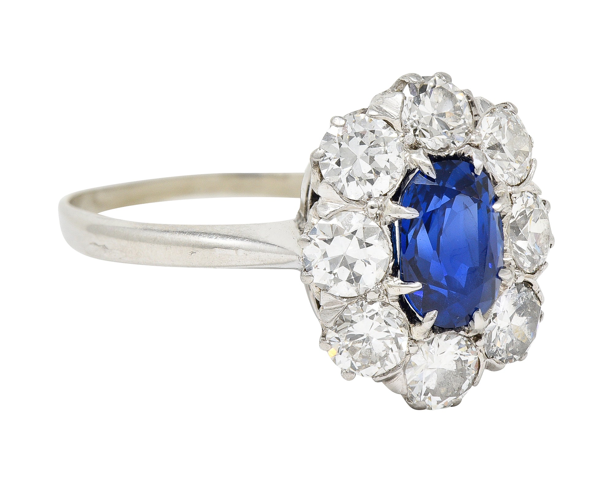 Edwardian 2.48 CTW No Heat Burma Sapphire Old European Cut Diamond Platinum Antique Halo Ring GIA Wilson's Estate Jewelry