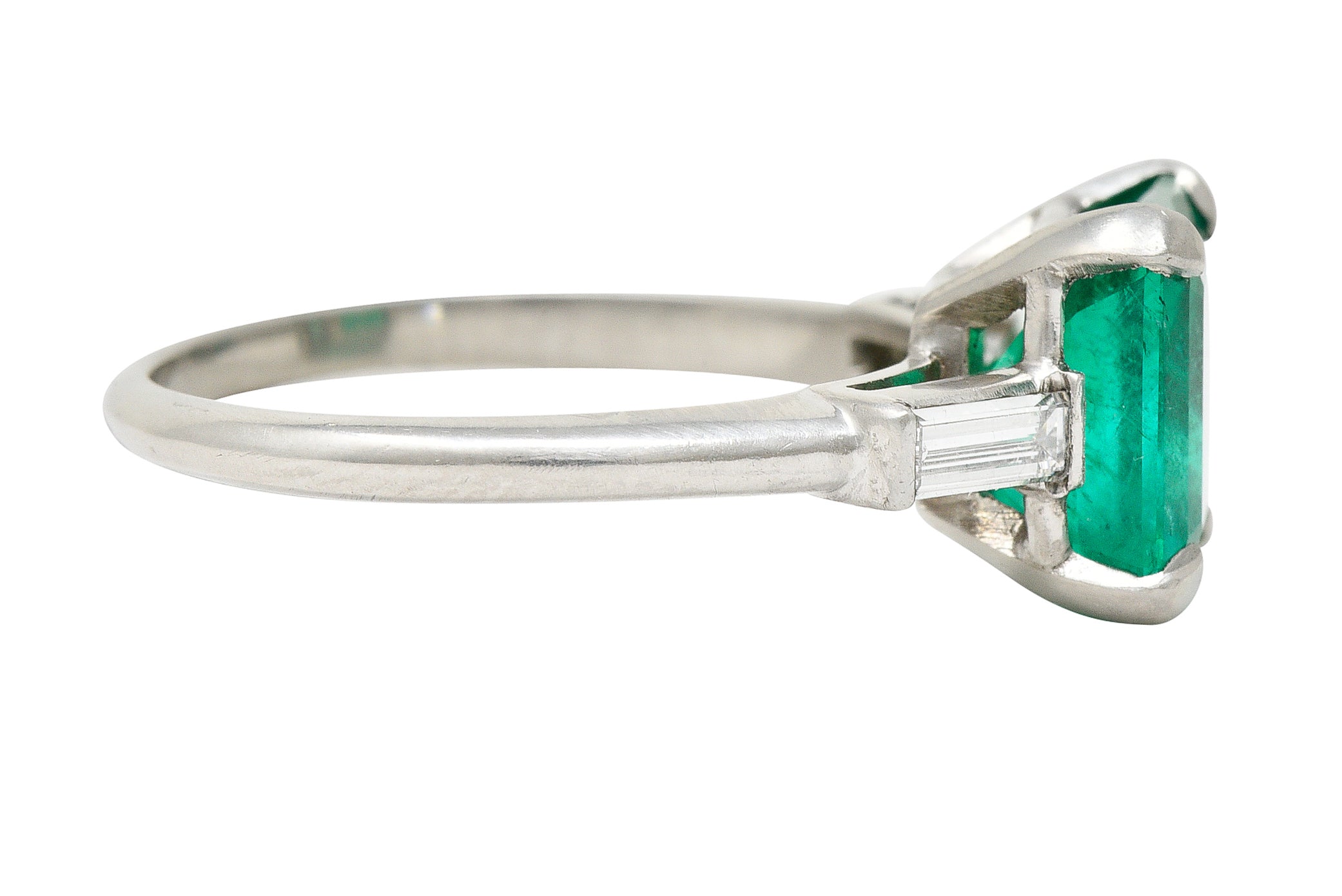 Mid-Century 3.48 CTW Square Step Cut Colombian Emerald Diamond Platinum Vintage Three Stone Ring GIA Wilson's Estate Jewelry