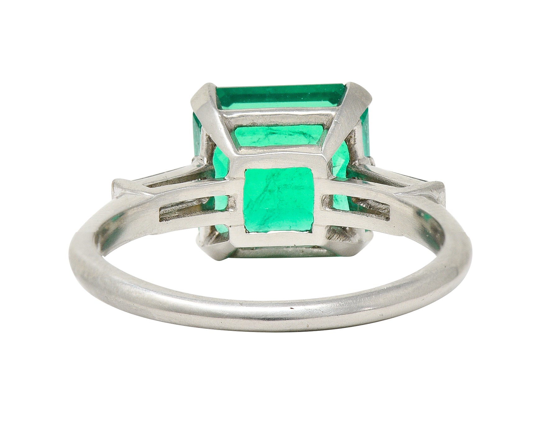 Mid-Century 3.48 CTW Square Step Cut Colombian Emerald Diamond Platinum Vintage Three Stone Ring GIA Wilson's Estate Jewelry