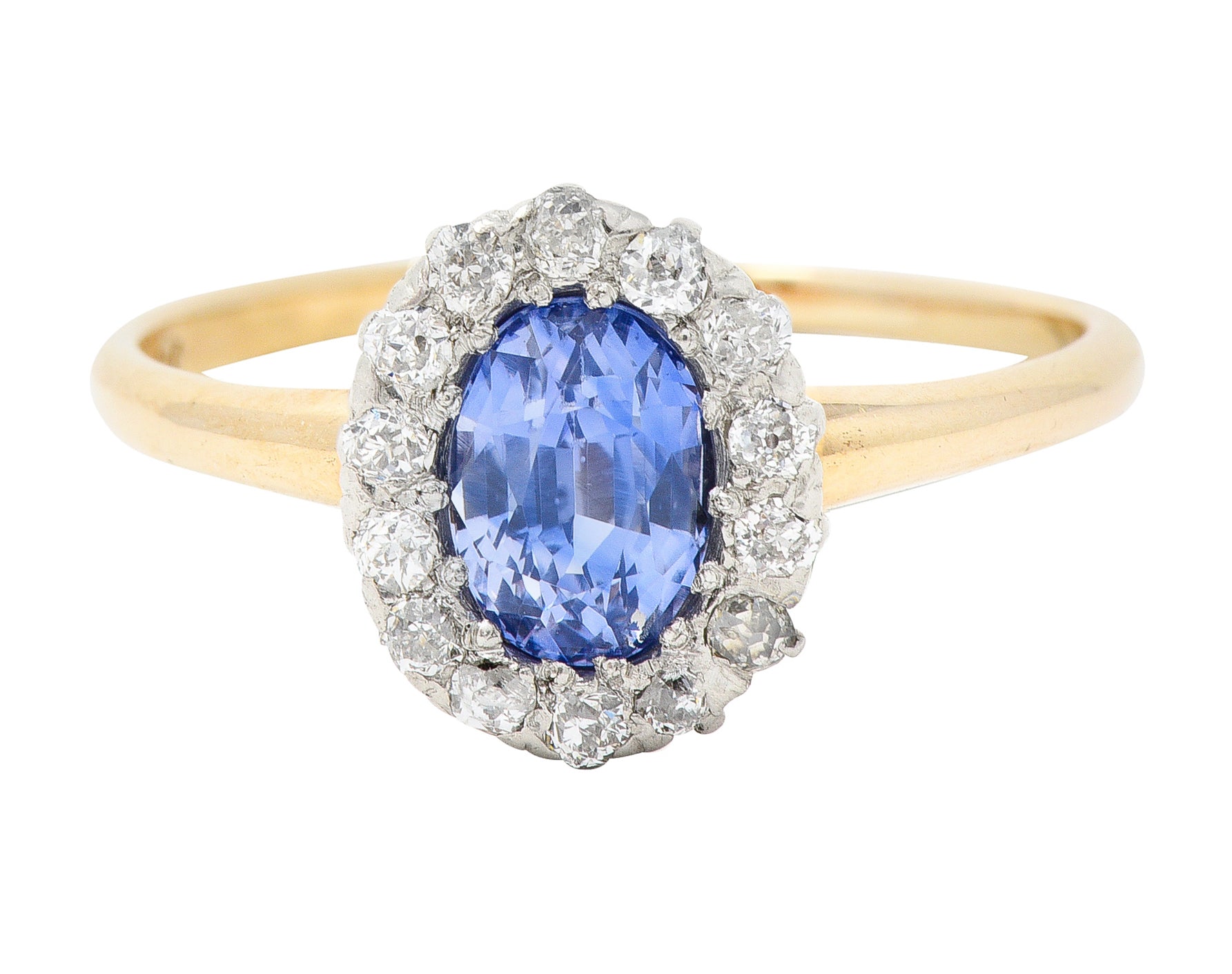 Edwardian 1.44 CTW Oval Cut Sapphire Diamond Platinum-Topped Antique Halo Ring Wilson's Estate Jewelry