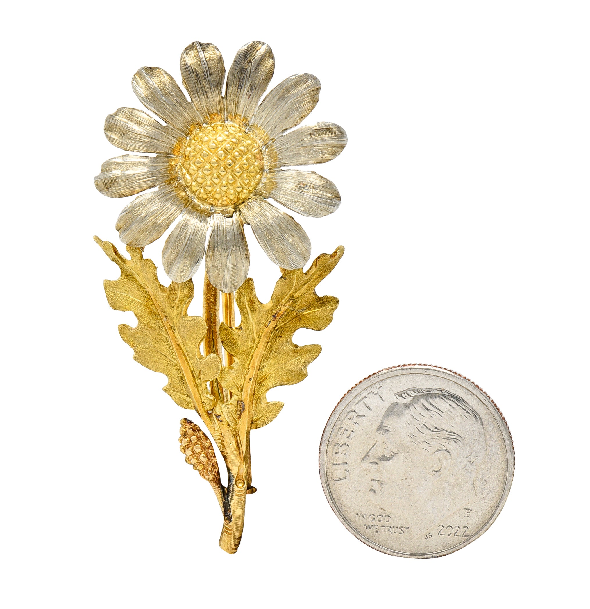 Mario Buccellati Mid-Century 18 Karat Two-Tone Gold Daisy Flower Vintage Brooch Wilson's Estate Jewelry