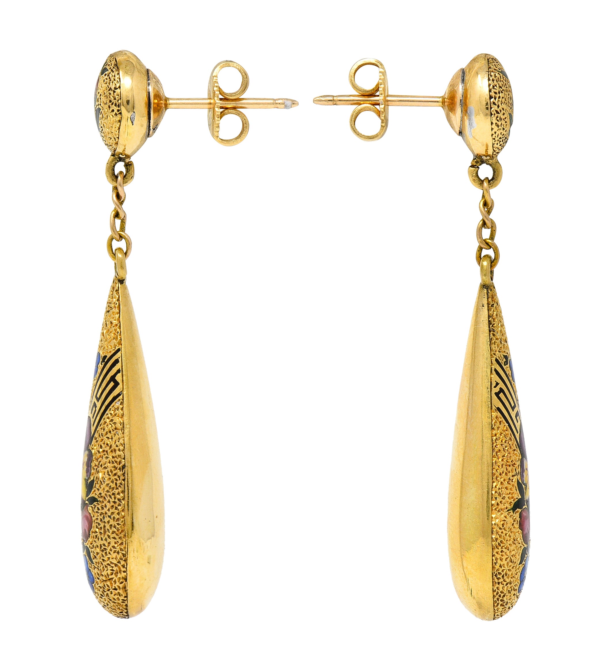 Victorian Enamel 14 Karat Yellow Gold Pansy Forget-Me-Not Greek Key Antique Drop Earrings Wilson's Estate Jewelry