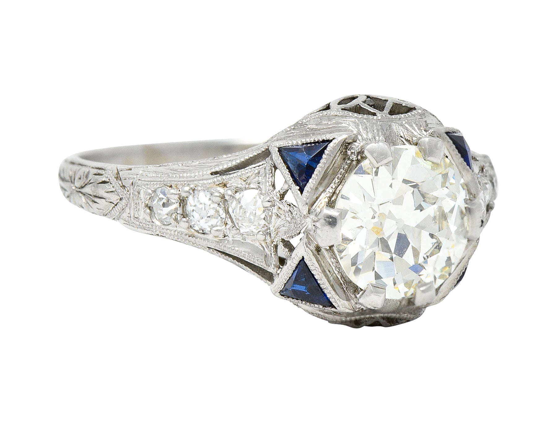 Art Deco 1.27 CTW Old European Cut Diamond Sapphire Platinum Lotus Foliate Engagement Ring Wilson's Estate Jewelry