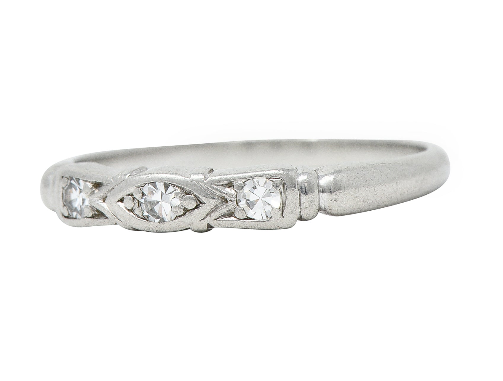 Art Deco Diamond Platinum Navette Three Stone Band Ring Wilson's Estate Jewelry