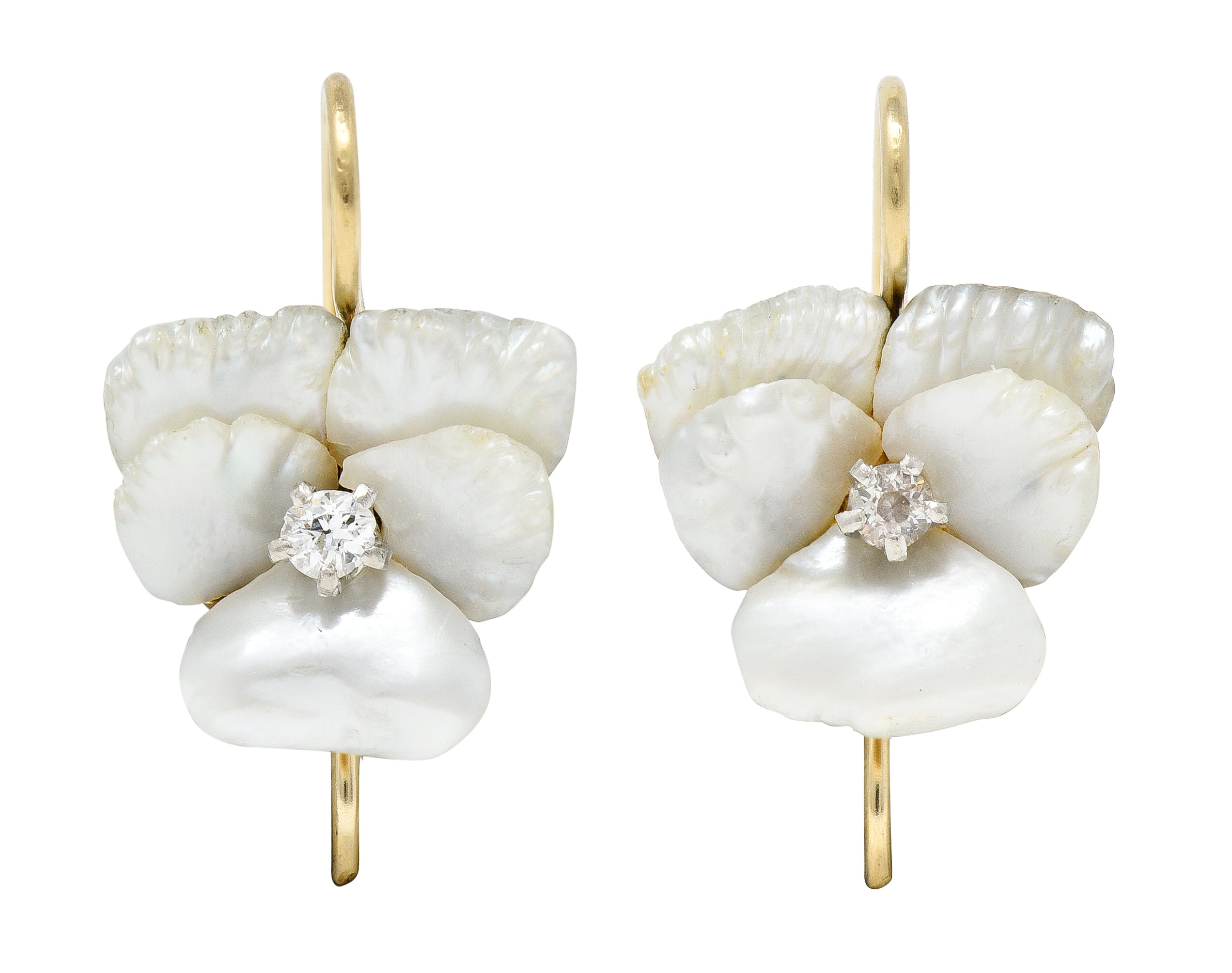 Art Nouveau Diamond Carved Mother-Of-Pearl 14 Karat Yellow Gold Pansy Antique Floral Earrings Wilson's Estate Jewelry