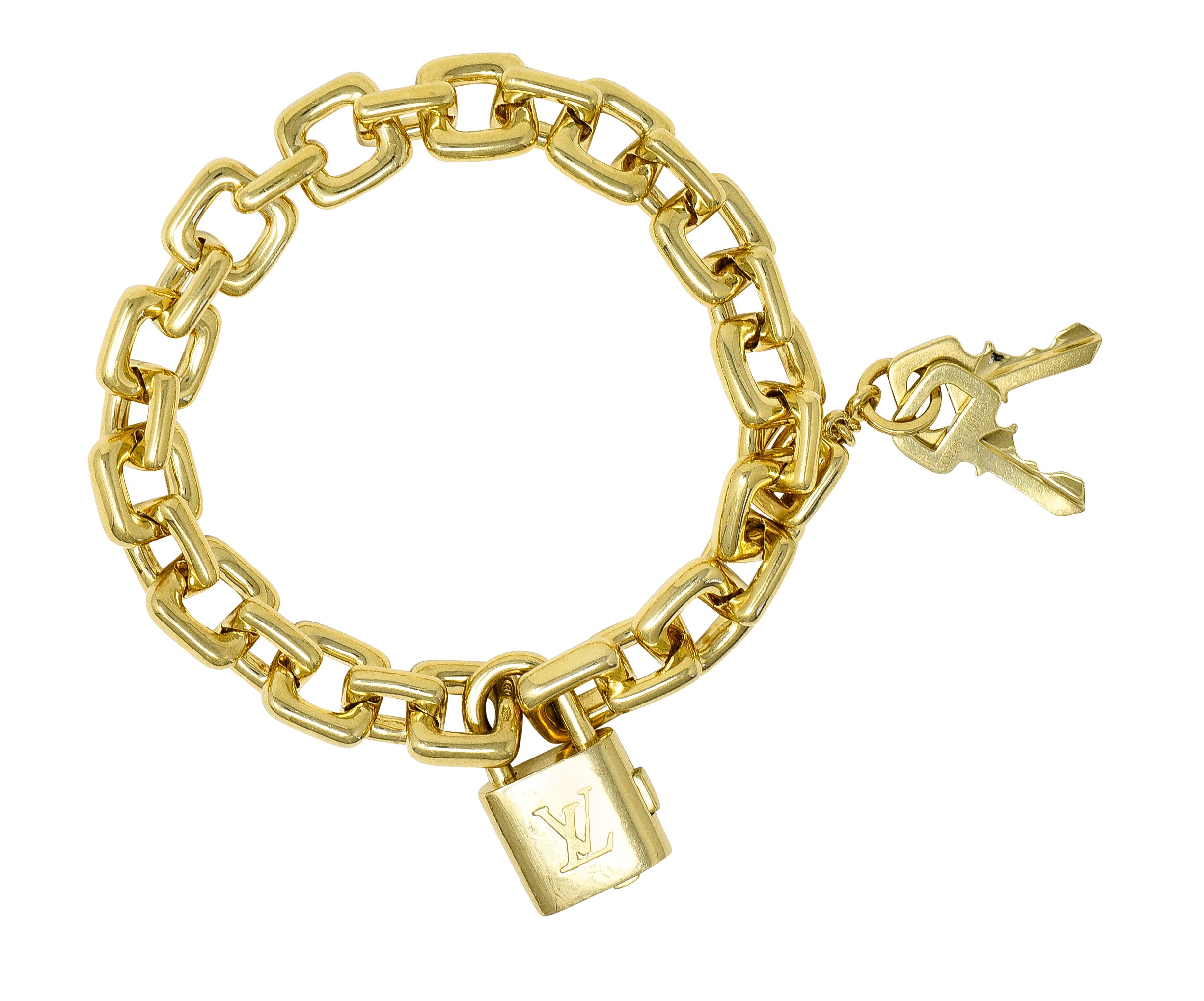 Louis Vuitton Paris 2000's 18 Karat Yellow Gold Square Lock & Key Vintage Charm Bracelet Wilson's Estate Jewelry