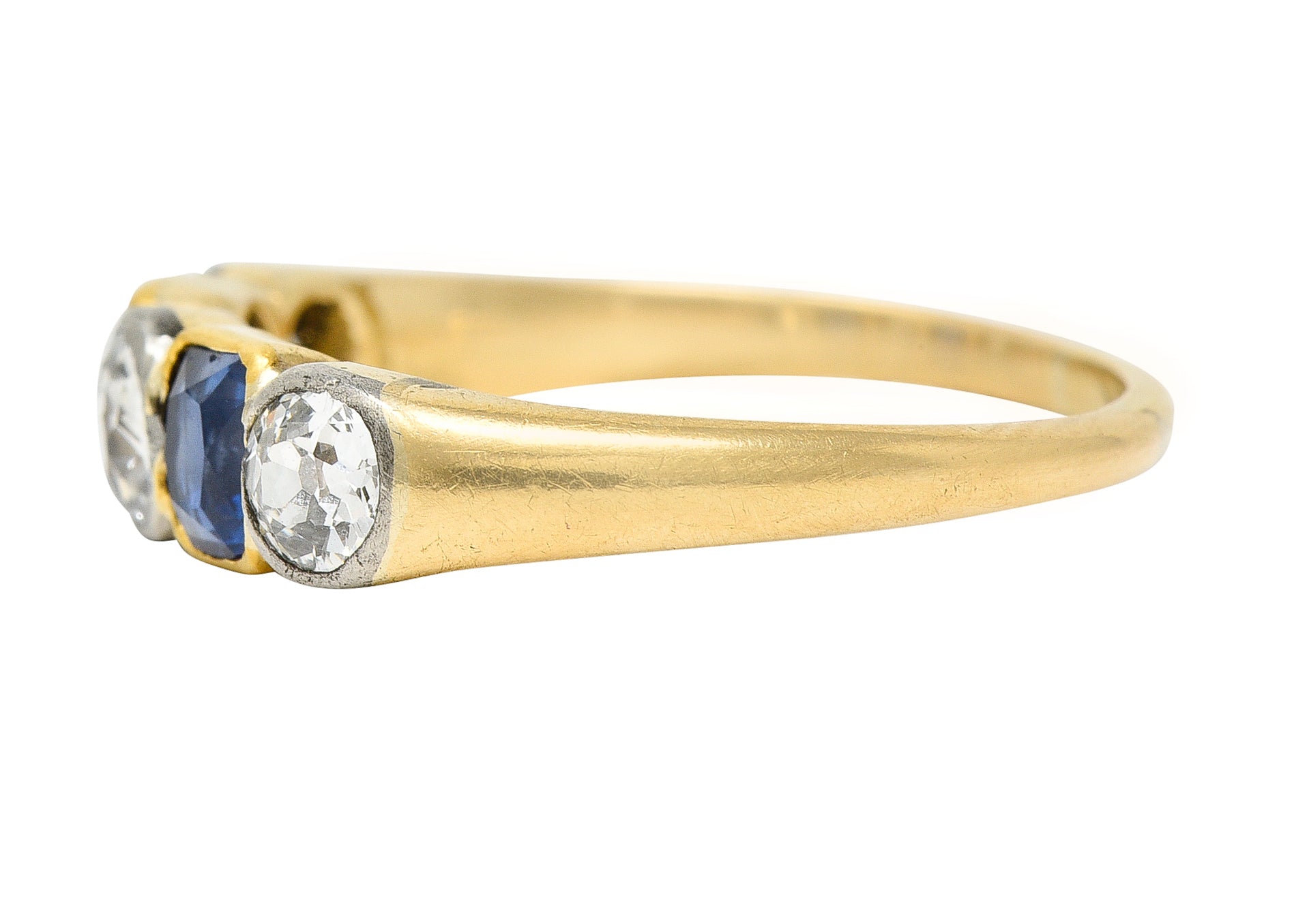 Victorian 1.63 CTW Old Mine Cut Diamond Sapphire Platinum 14 Karat Yellow Gold Five Stone Antique Band Ring Wilson's Estate Jewelry