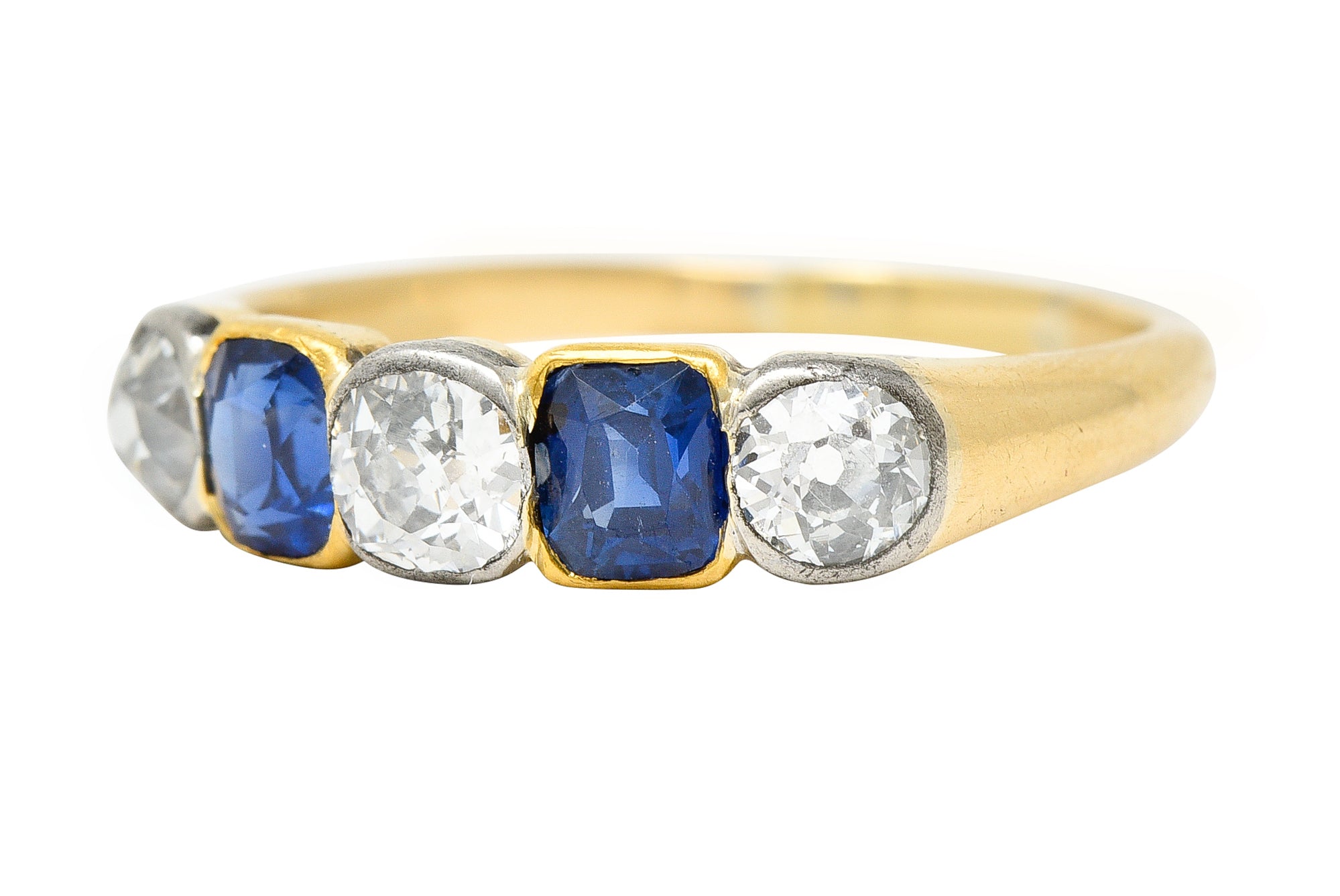 Victorian 1.63 CTW Old Mine Cut Diamond Sapphire Platinum 14 Karat Yellow Gold Five Stone Antique Band Ring Wilson's Estate Jewelry