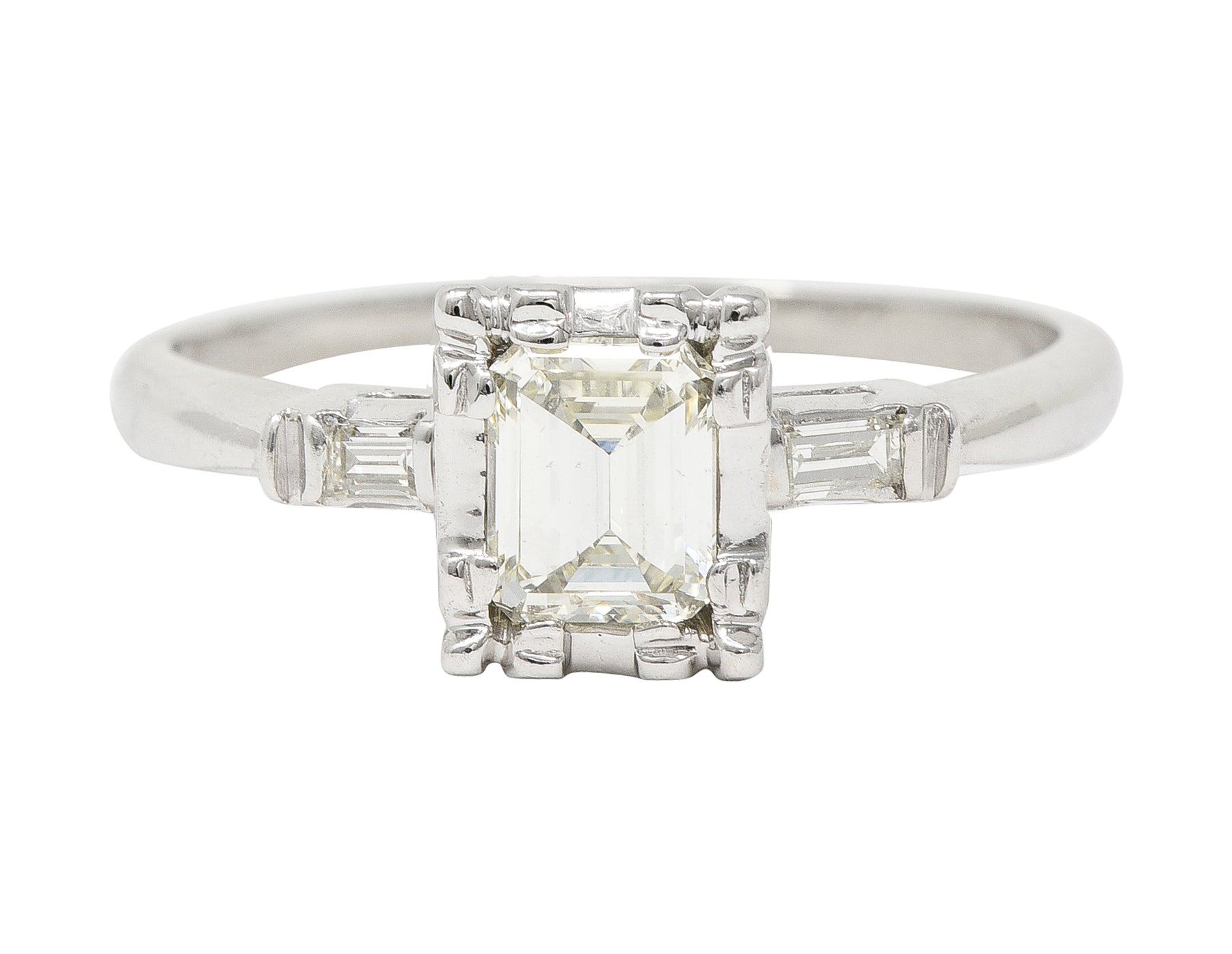 S. Wechter Co. Mid-Century 0.62 CTW Emerald Cut Diamond 14 Karat White Gold Three Stone Vintage Engagement Ring Wilson's Estate Jewelry