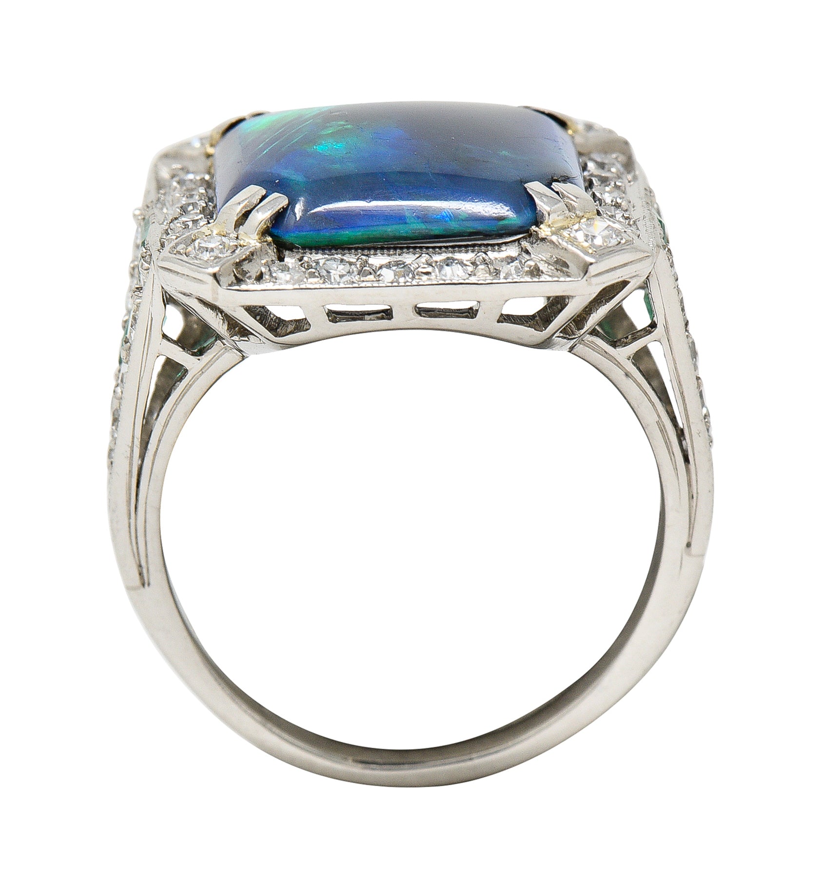 Marcus & Co. Art Deco Octagonal Black Opal Emerald Diamond Platinum Foliate Halo Vintage Ring GIA Wilson's Estate Jewelry