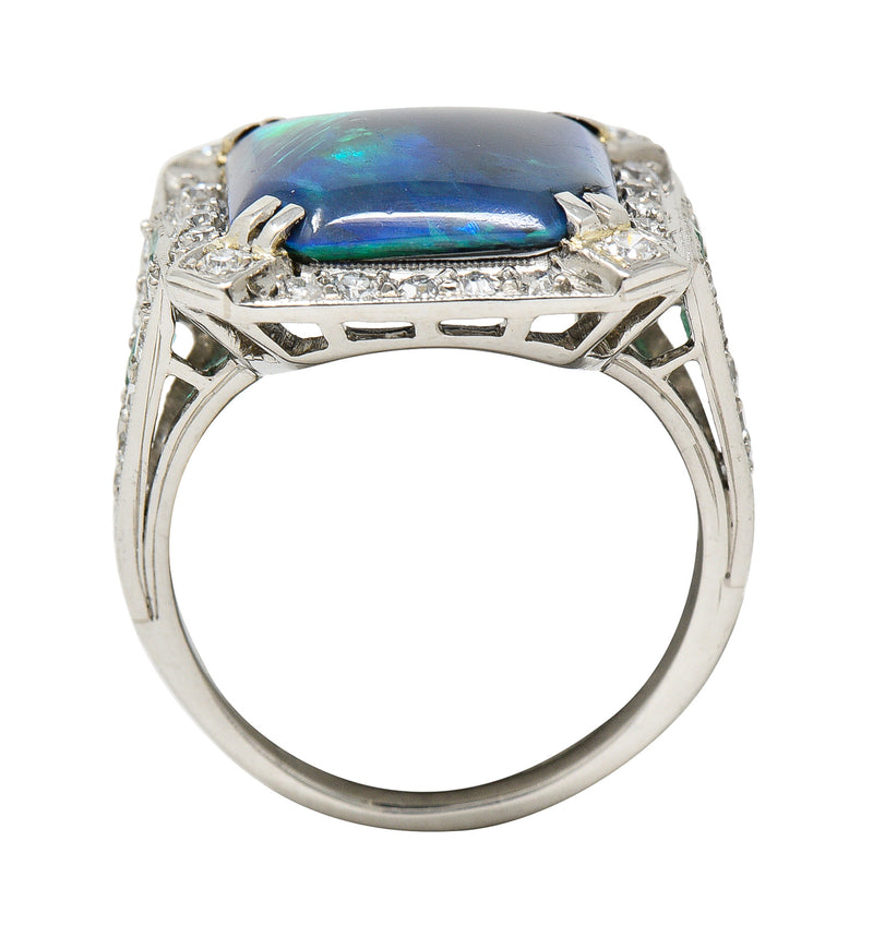 Marcus & Co. Art Deco Octagonal Black Opal Emerald Diamond Platinum Foliate Halo Vintage Ring GIA Wilson's Estate Jewelry