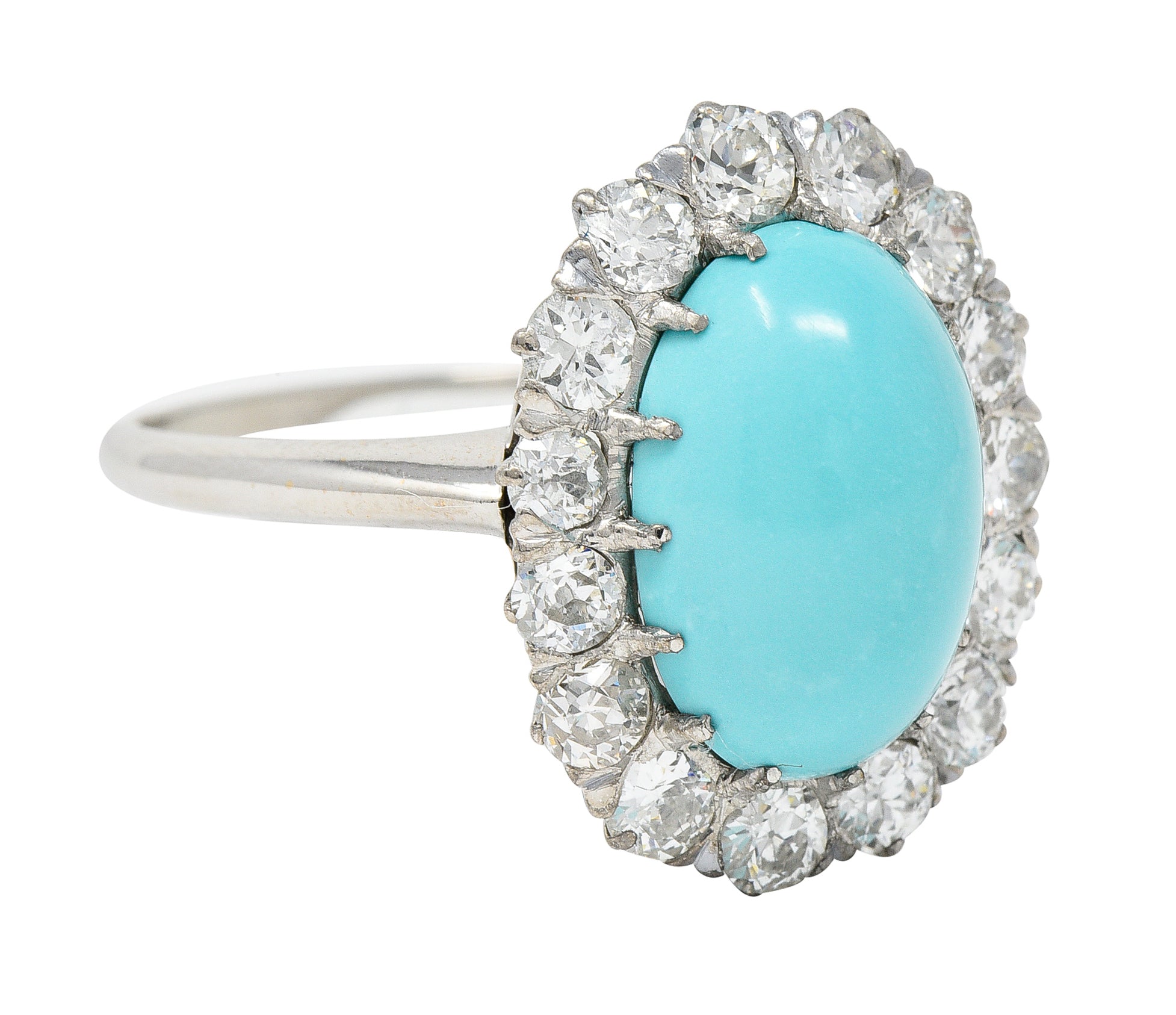 Art Deco 1.20 CTW Turquoise Cabochon Old European Cut Diamond 14 Karat White Gold Halo Ring Wilson's Estate Jewelry