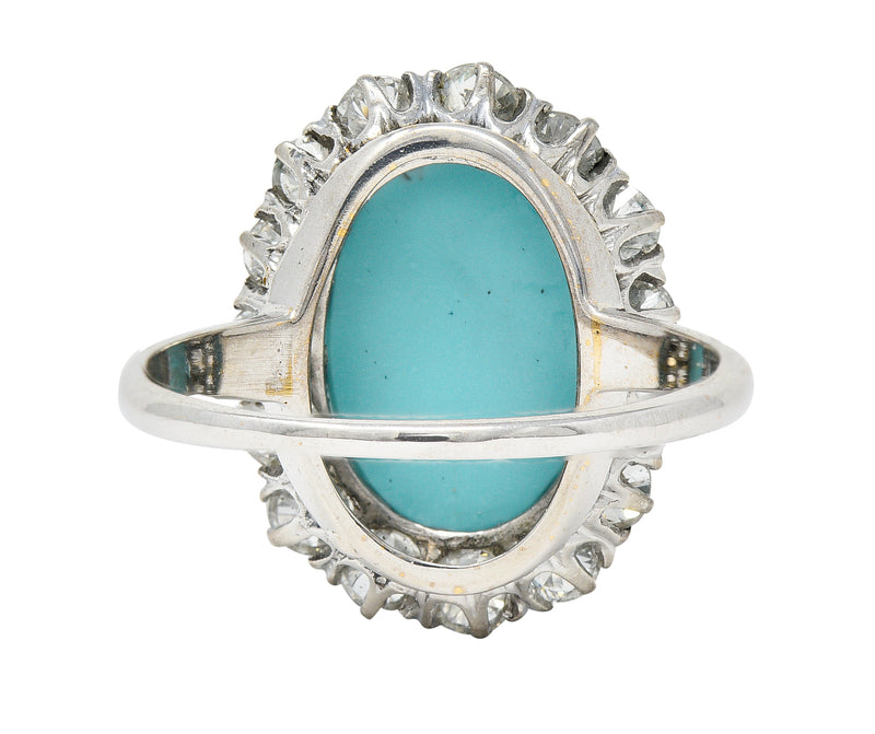 Art Deco 1.20 CTW Turquoise Cabochon Old European Cut Diamond 14 Karat White Gold Halo Ring Wilson's Estate Jewelry