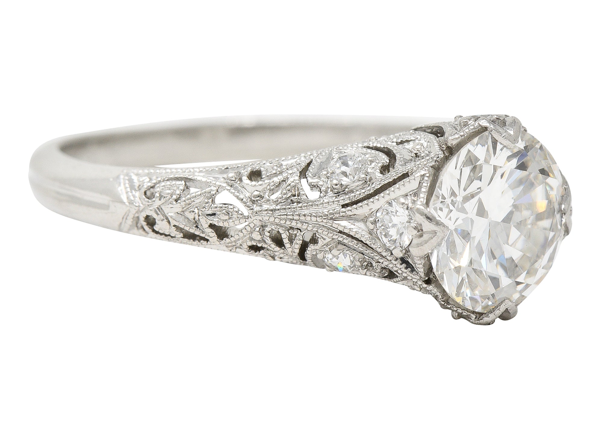 Art Deco 1.44 CTW Old European Cut Diamond Platinum Fleur-De-Lis Engagement Ring Wilson's Estate Jewelry