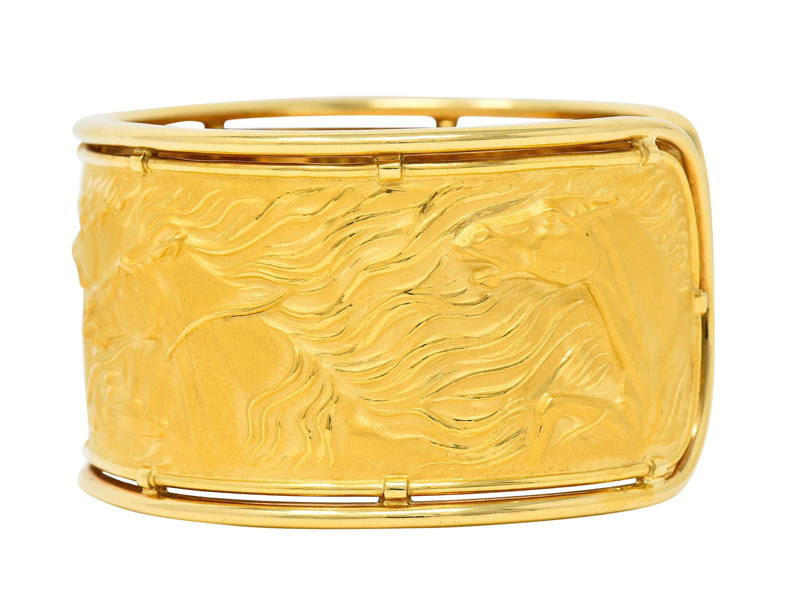 Carrera Y Carrera 1980's 18 Karat Yellow Gold Ecuestre Horse Vintage Cuff Bracelet Wilson's Estate Jewelry