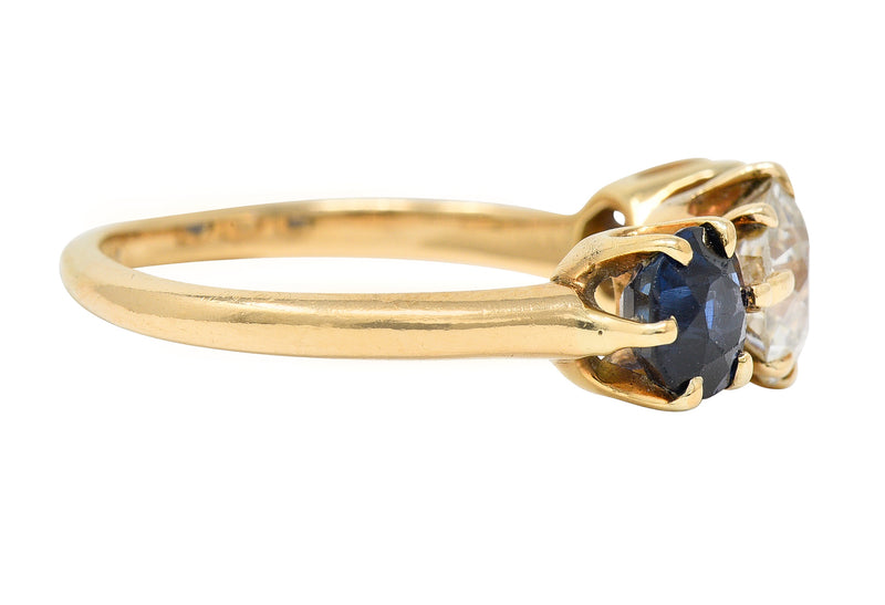 Victorian 2.37 CTW Old European Cut Diamond Sapphire 14 Karat Yellow Gold Antique Three Stone Ring Wilson's Estate Jewelry