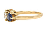 Victorian 2.37 CTW Old European Cut Diamond Sapphire 14 Karat Yellow Gold Antique Three Stone Ring Wilson's Estate Jewelry