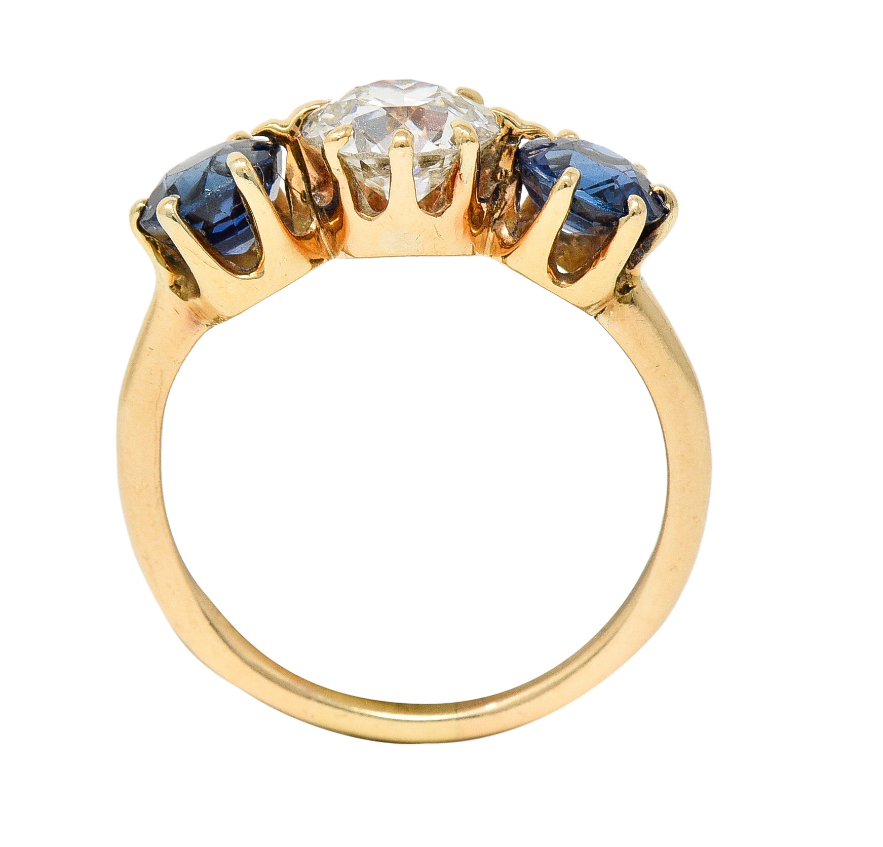 Victorian 2.37 CTW Old European Cut Diamond Sapphire 14 Karat Yellow Gold Antique Three Stone Ring Wilson's Estate Jewelry