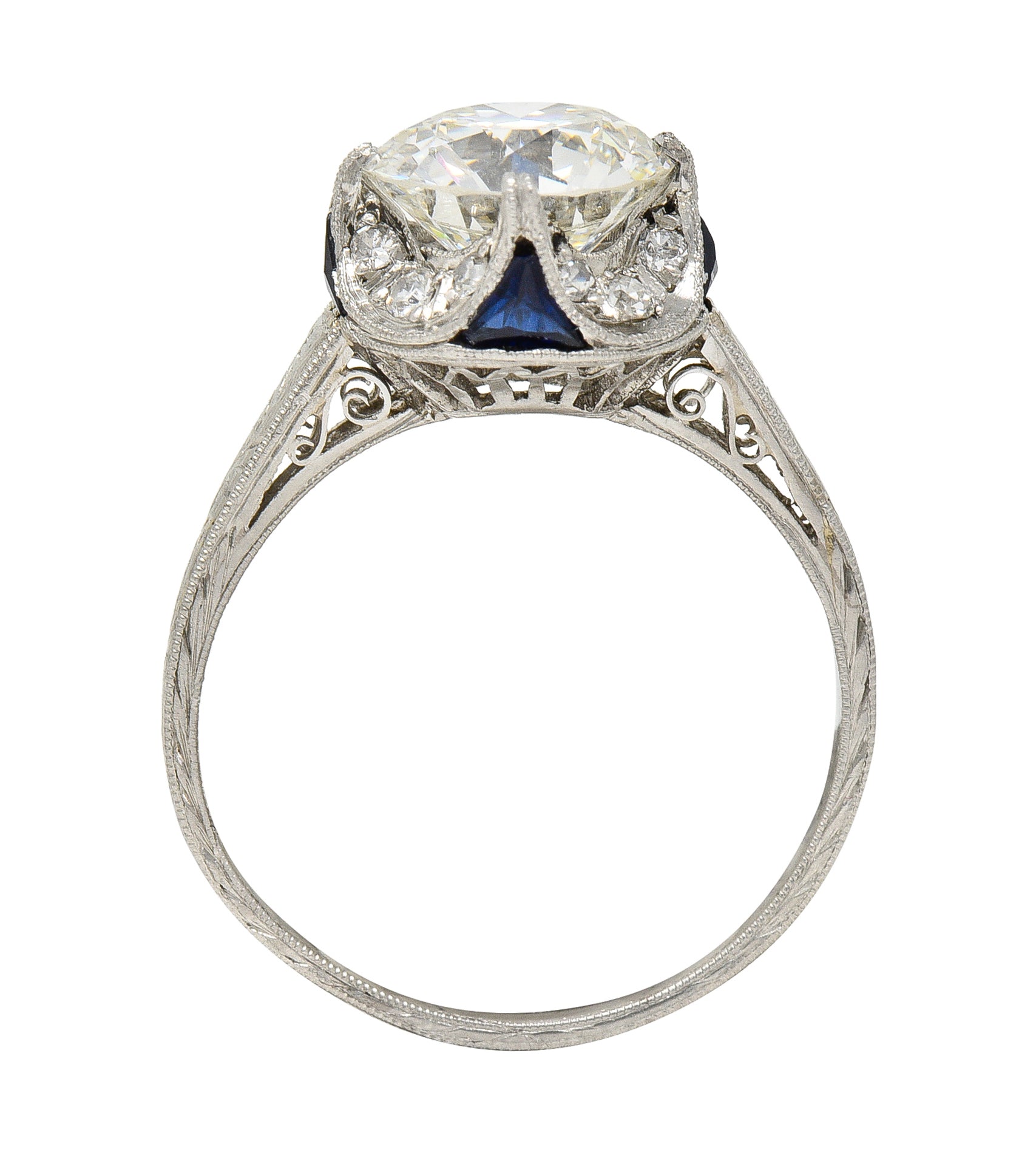 Art Deco 2.95 CTW Old European Cut Diamond Platinum Scrolling Crescent Engagement Ring GIA Wilson's Estate Jewelry